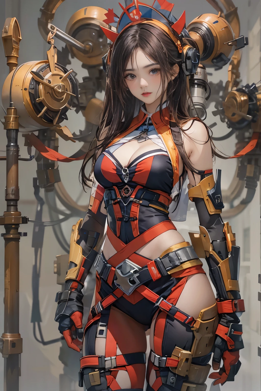 (((obra maestra)))、((highest qualityr))、(El ultra-detailliert)、(cg illustration)、(very beautiful girl))、cinematiclight、((1 mechanical girl))、 Science fiction、apocalipsis、Erotic grotesque、Research Institute(Hermoso e indulgente:1.2)、(1chica en:1.3)、mirando hacia el frente,Pelo largo, pelo color marron, Corset belt,Falda de cintura alta,
