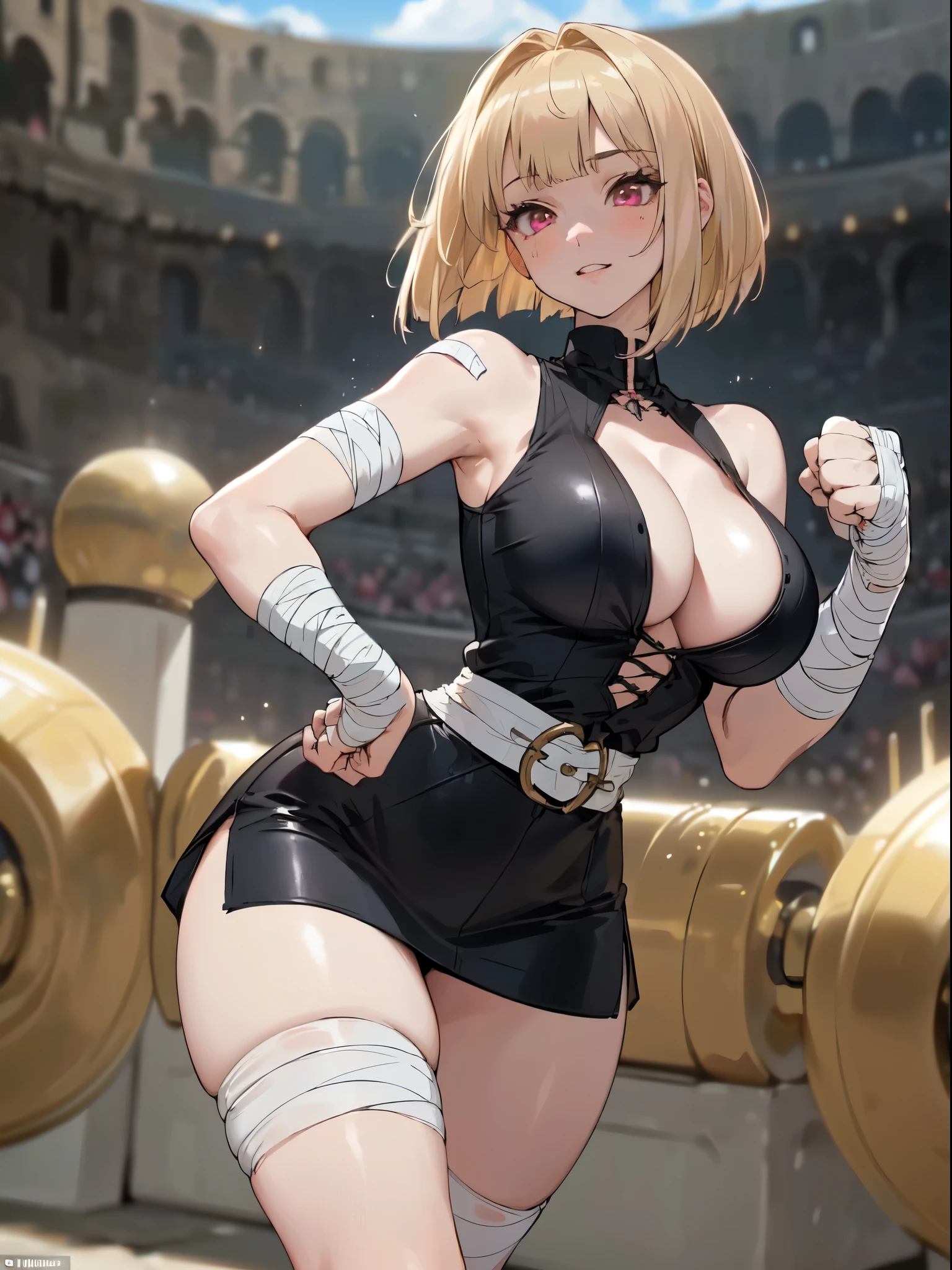 SFW (masterpiece, best quality, 32k) a youthful age girl with short blonde hair ((golden blonde hair, bangs, diagonal bangs, straight bangs, blunt bangs, bob, assymetric bob, inverted bob, long bangs)), ((brown eyes, pink eyes, ruby pink eyes)), ((beautiful face, sultry face, impish face, delicate features, sexy face)), pale skin, walking, standing, relaxed, fighting pose, fighting stance, arena, colosseum, gladiator arena, medieval colosseum, sky, clouds. Fantasy clothes, medieval fantasy clothes, brawler, fighter, striker, grappler, ((handwraps, wrapped knuckles, bandaged knuckles, bandaged fists, sleeveless top, black top, cleavage cutout, miniskirt, half-skirt, high-waist skirt, black skirt, red sash, thigh strap)), ((large breasts:1.3, first-rate breasts:1.3, round breasts:1.3, huge breasts:1, perky breasts:1.3)), ((slim:1.3, lithe:1.3, slender:1.3, thin:1.3, busty:1.2, buxom:1.2)), ((round hips, thin waist, waspish waist)), ((long legs, slender legs)), small smile ((full lips)), serene expression, calm expression, relaxed expression, open eyes, large eyes, expressive eyes, head to waist portrait, cinematics, color oil painting, cinematic lighting, ((extremely detailed face)), ((finely detailed face)), ((Extremely detailed eyes)), ((finely detailed eyes)), ((beautiful face)), ((beautiful eyes)), perfect lighting, depth of field, (realistic proportions), (good anatomy), ((solo:1.6)), ((1girl:1.6))