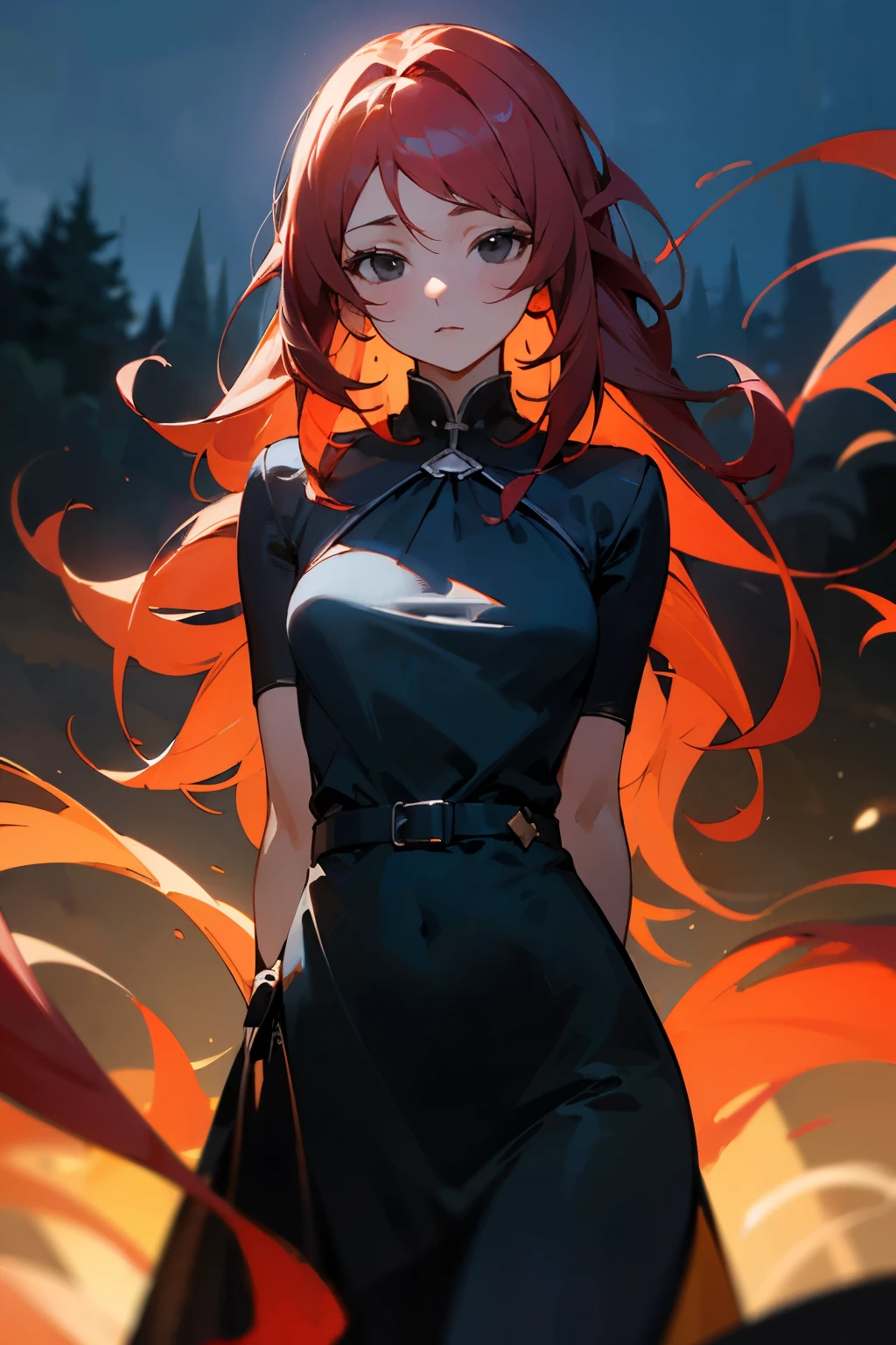 (masterpiece, best quality) an adult woman with very long red hair, short dress, red leather, black bows, long stockings, bare legs, bodysuit, queen, lake, good anatomy, correct proportions, black boots, torn clothes, queen, yellow eyes, serious, blood, emotionless, red forest, straight bangs, very long red hair, evil, (yellow eyes), gothic, medium chest, portrait from waist to head, cinematics, color oil painting, solo, cinematic lighting, extremely detailed face, finely detailed face, beautiful face, beautiful eyes, perfect lighting, depth of field, realistic proportions, good anatomy, long coat, hood covering head