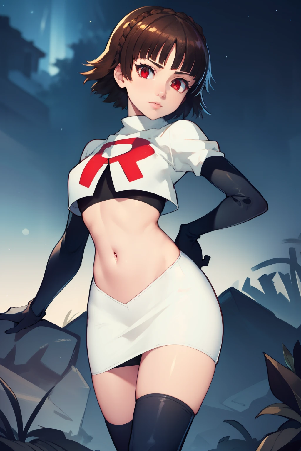 makoto nijima, blunt bangs, braid, brown hair, crown braid, (red eyes:1.3), short hair, team rocket uniform, red letter R, white skirt,white crop top,black thigh-high boots, black elbow gloves, looking at viewer, cowboy shot, sexy pose, night sky background