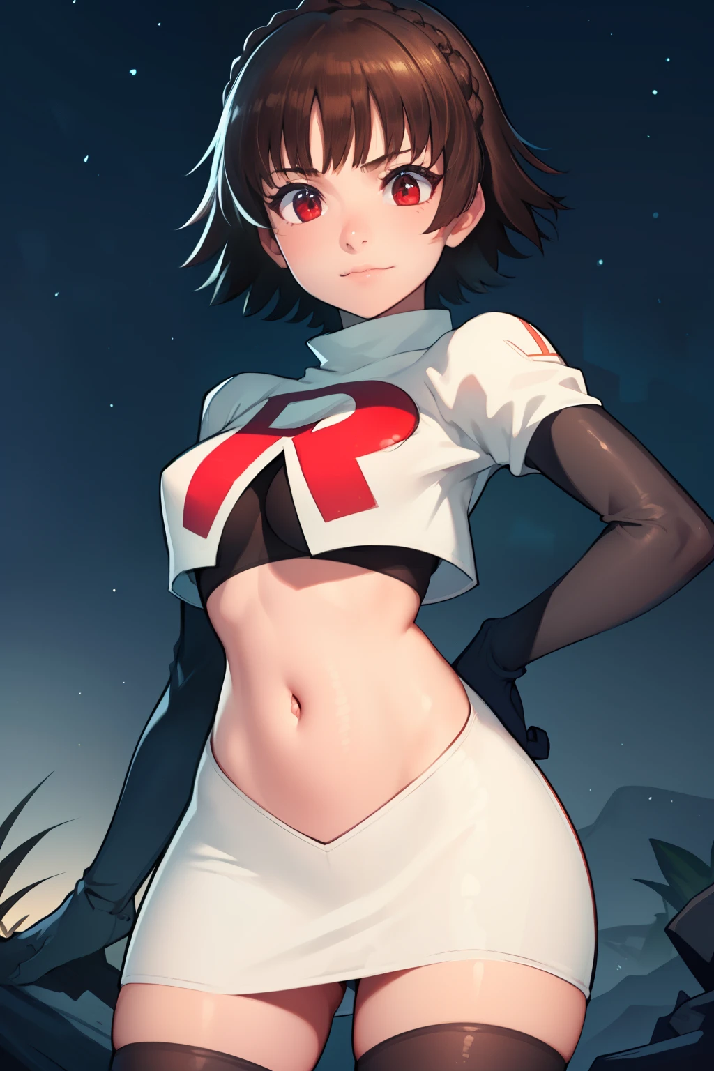 makoto nijima, blunt bangs, braid, brown hair, crown braid, (red eyes:1.3), short hair, team rocket uniform, red letter R, white skirt,white crop top,black thigh-high boots, black elbow gloves, looking at viewer, cowboy shot, sexy pose, night sky background