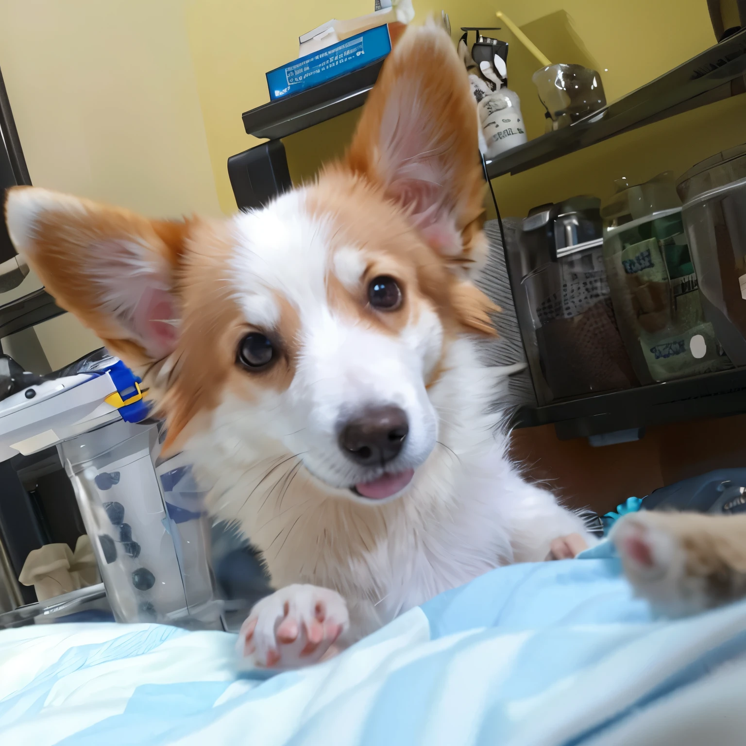 there is a dog that is laying down on a bed, corgi com [ Asas Angelicais ]!!, com olhos bonitos, corgi bonito, peludo bonito precisa de sua ajuda, ela tem um rosto bonito, com nariz pequeno, taken with the best dlsr camera, Looking at camera!!!, tiro frontal, Dog cute, taken with sony a7r camera