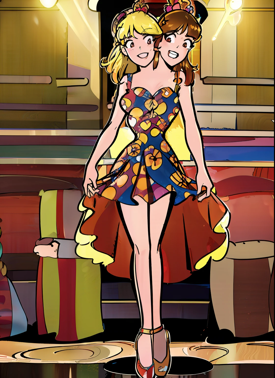 best quality, (masterpiece),(ultra-detailed), (high quality), (high resolution), (2heads:1.5), ((brown short hair)), blonde hair, red and blue dress, (ager), teengirl, lustrous body, full body, circus