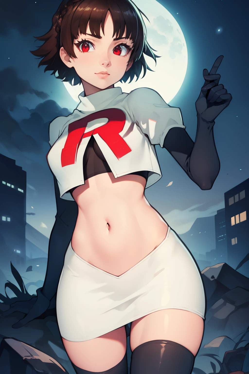 makoto nijima, blunt bangs, braid, brown hair, crown braid, (red eyes:1.3), short hair, team rocket uniform, red letter R, white skirt,white crop top,black thigh-high boots, black elbow gloves, looking at viewer, cowboy shot, sexy pose, night sky background