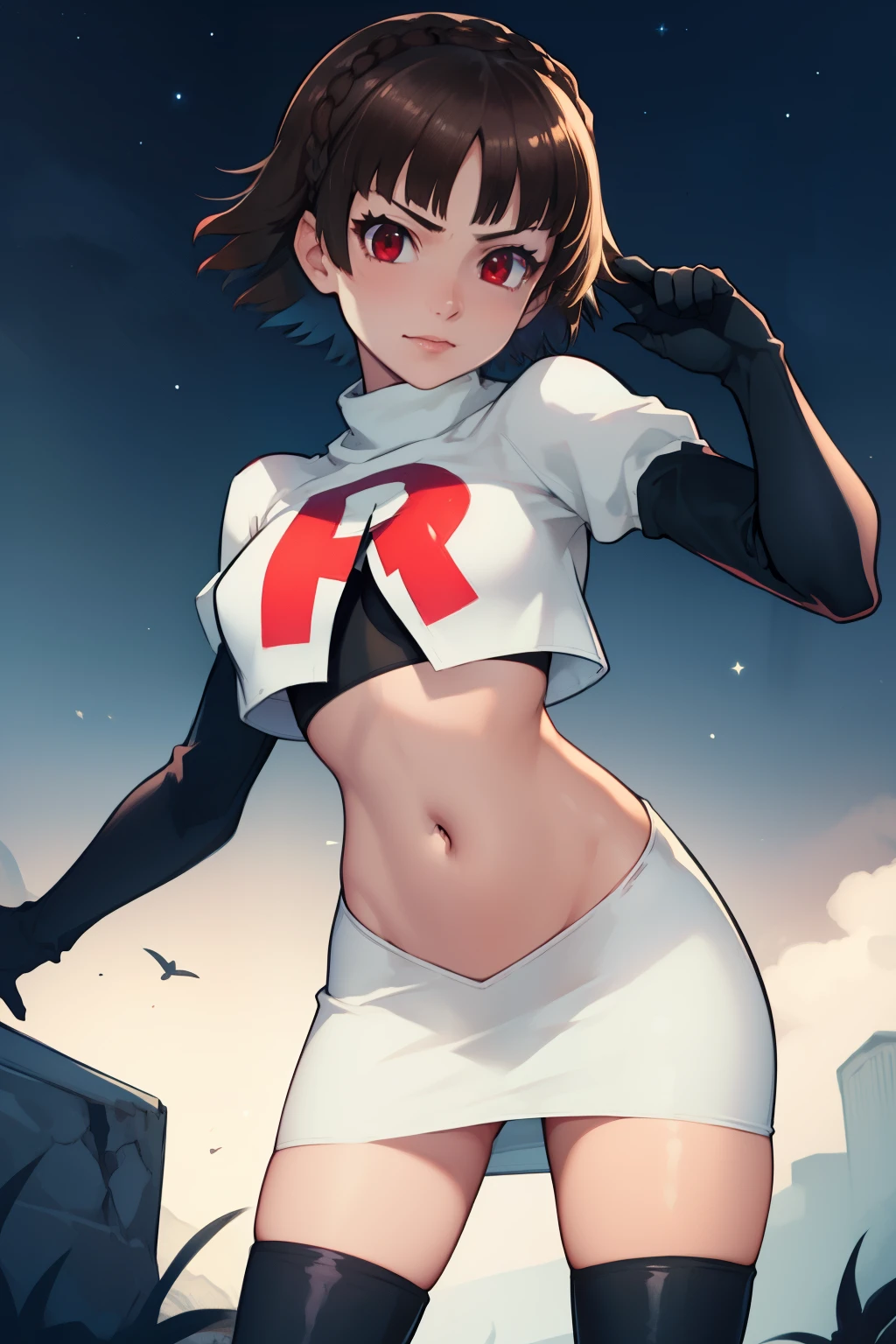 makoto nijima, blunt bangs, braid, brown hair, crown braid, (red eyes:1.3), short hair, team rocket uniform, red letter R, white skirt,white crop top,black thigh-high boots, black elbow gloves, looking at viewer, cowboy shot, sexy pose, night sky background