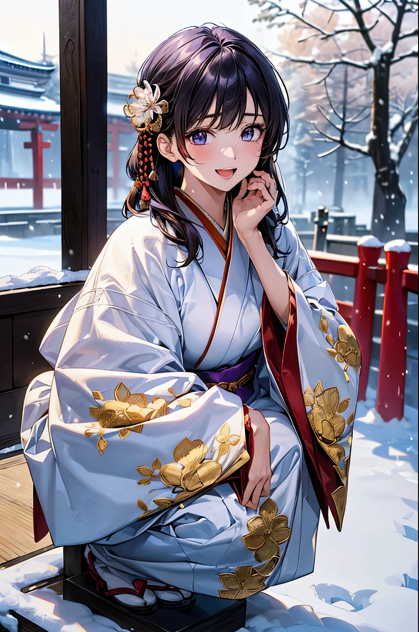 ((perfect anatomy, anatomically correct, super detailed skin)),
1 girl, japanese, 16 years old, shiny skin, large breasts:0.5, looking up, watching the view,
beautiful hair, beautiful face, beautiful detailed eyes, (middle hair:1.5, half undo:1.7), blown hair, blue eyes, babyface, mole under eye,
(((traditional japanese clothing:1.2, with an intricate flower pattern:1.3, with gold embroidery:1.2, metallic purple fabric:1.5, fur muffler, luxurious hair ornament))),
((smile:1.5, open mouth)), squatting,
(beautiful scenery), winter, dawn, (new year's day, first visit), hokkaido, sapporo, outside shrine, crowd, snow, snowfall:1.5, freezing weather, frost,
(8k, top-quality, masterpiece:1.2, extremely detailed), (photorealistic:1.2), beautiful art, visual art, depth of fields, natural lighting,