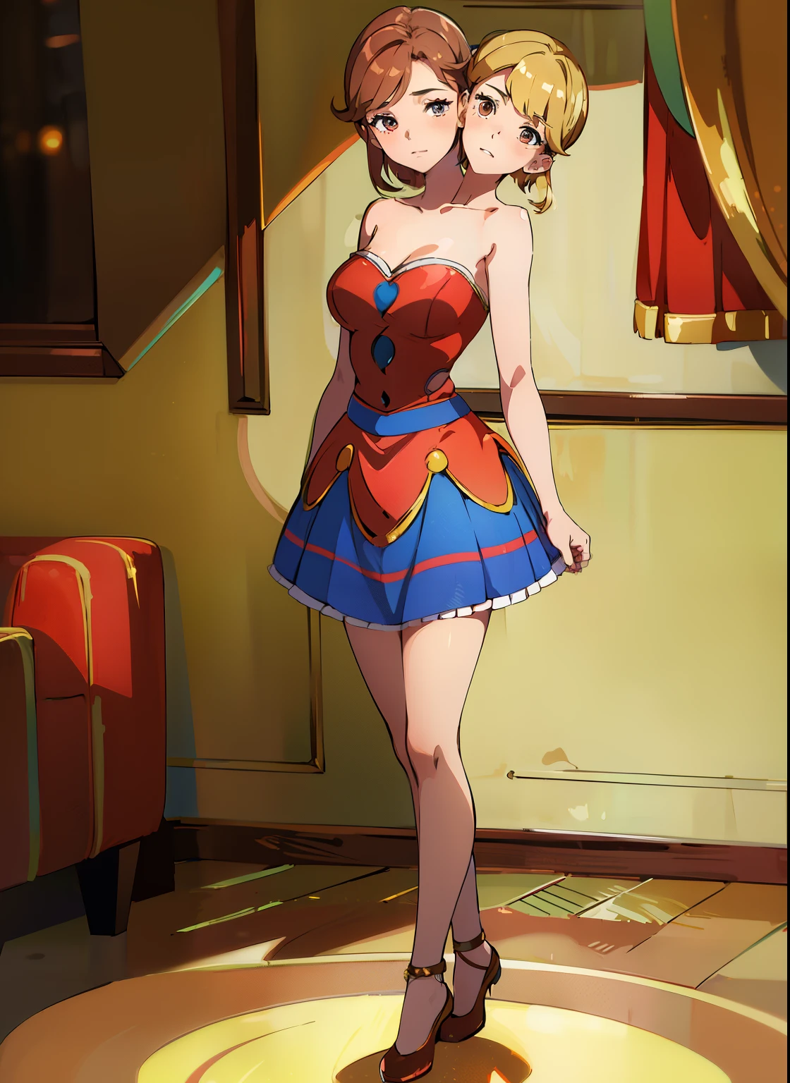 best quality, (masterpiece),(ultra-detailed), (high quality), (high resolution), (2heads:1.5), ((brown short hair)), blonde hair, red and blue dress, (teenager), teenage girl, lustrous body, full body, circus