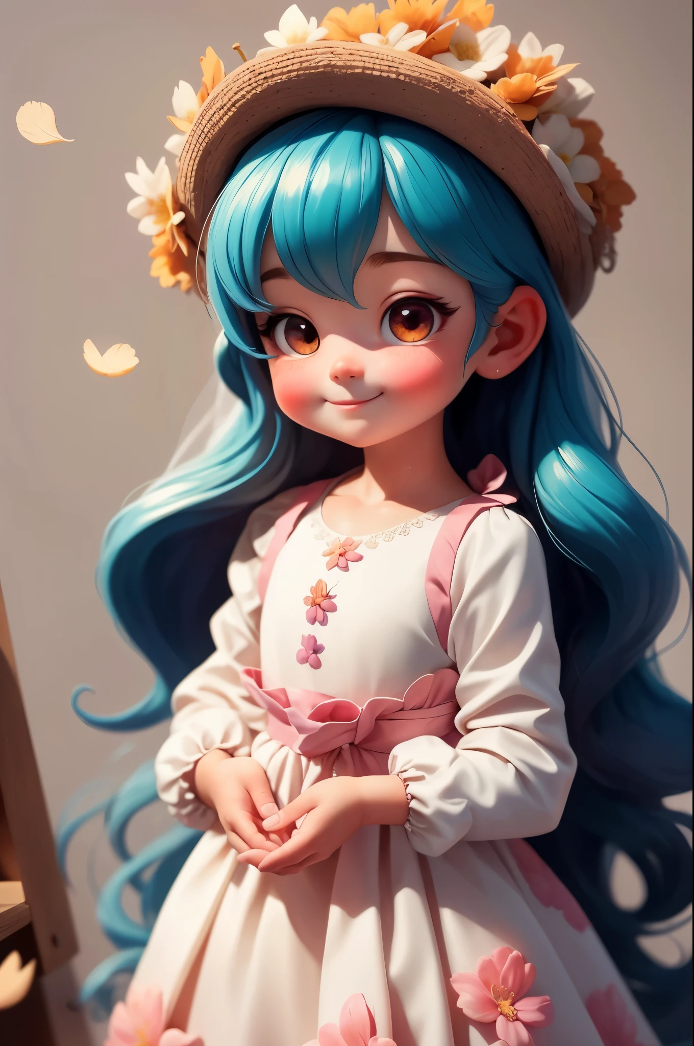 photoRealstic、A little child wearing a wedding dress standing in front of a painting、A smile、(High Definition Figure)、Flowing iridescent silk、up of face、Eye Up、Colorcon with heart pattern、Floral dress、There are also flowers in front of the girl.、season!!: 夏天☀ 🍂