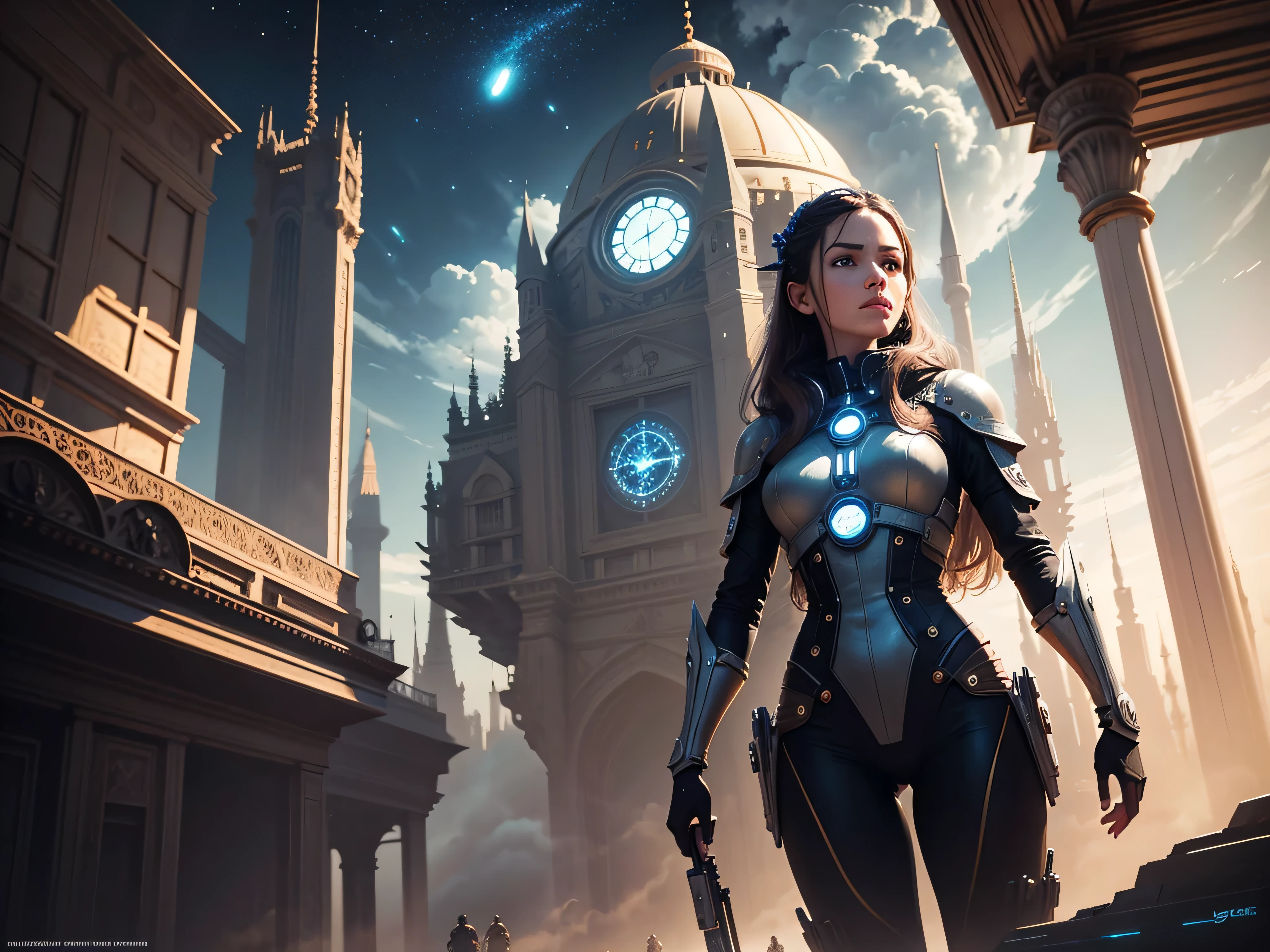 there is a woman standing in front of a clock with a spaceship in the background, sci-fi fantasy wallpaper, epic fantasy sci fi illustration, sci-fi fantasy art, epic scifi fantasy art, mystical sci-fi concept art, sci-fi high fantasy, sci-fi fantasy desktop wallpaper, by Johfra Bosschart, futuristic utopian fantasy, award winning scifi art