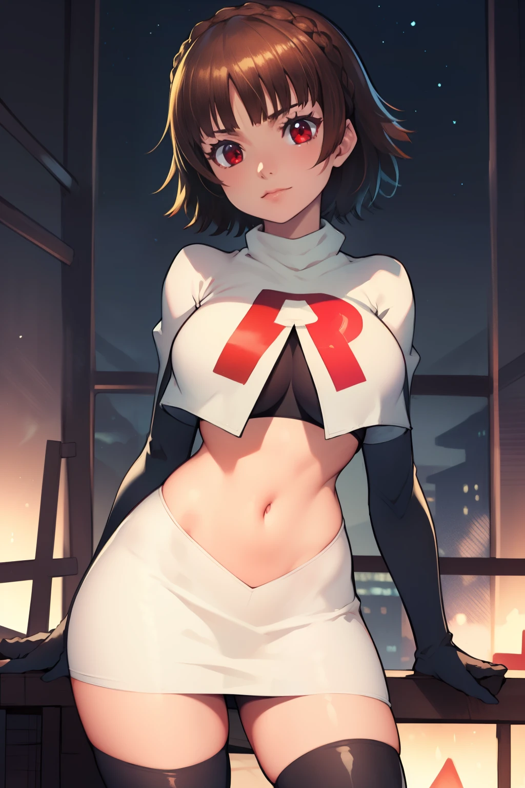 makoto nijima, blunt bangs, braid, brown hair, crown braid, (red eyes:1.3), short hair, team rocket uniform, red letter R, white skirt,white crop top,black thigh-high boots, black elbow gloves, looking at viewer, cowboy shot, sexy pose, night sky background