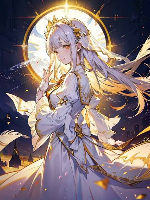 In front of the altar of a majestic church、(blurry backround)、brightened light、golden long hair girl、Classic White Wedding Dresses、(elegant luster)、(Lots of races)、lots of ribbons、((voluminous puff sleeves))、long cuffs with many buttons、golden embroidery、Long Train、white embroidered gloves、5 fingers、A smile、Redness of the cheeks