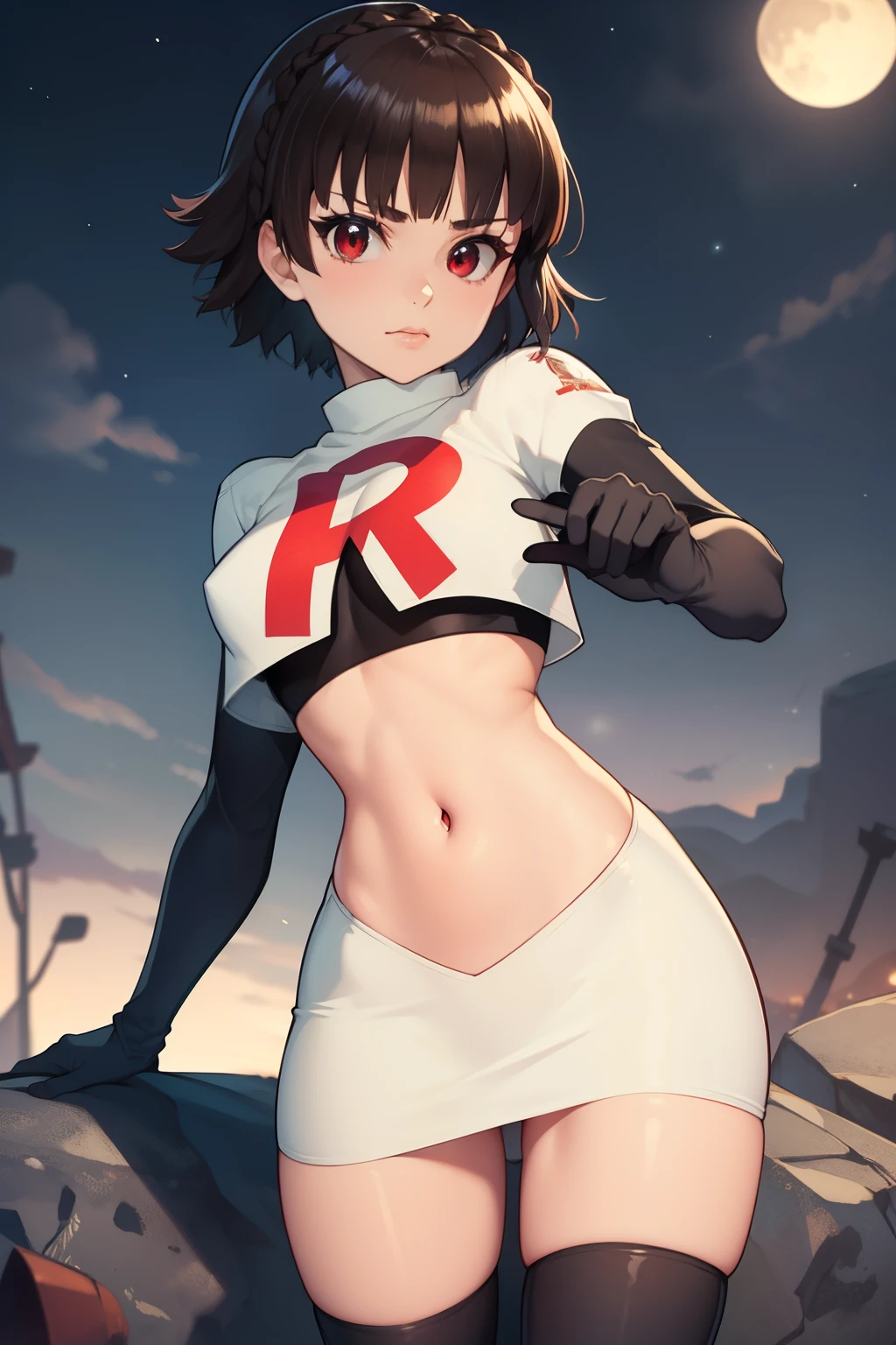 makoto nijima, blunt bangs, braid, brown hair, crown braid, (red eyes:1.3), short hair, team rocket uniform, red letter R, white skirt,white crop top,black thigh-high boots, black elbow gloves, looking at viewer, cowboy shot, sexy pose, night sky background