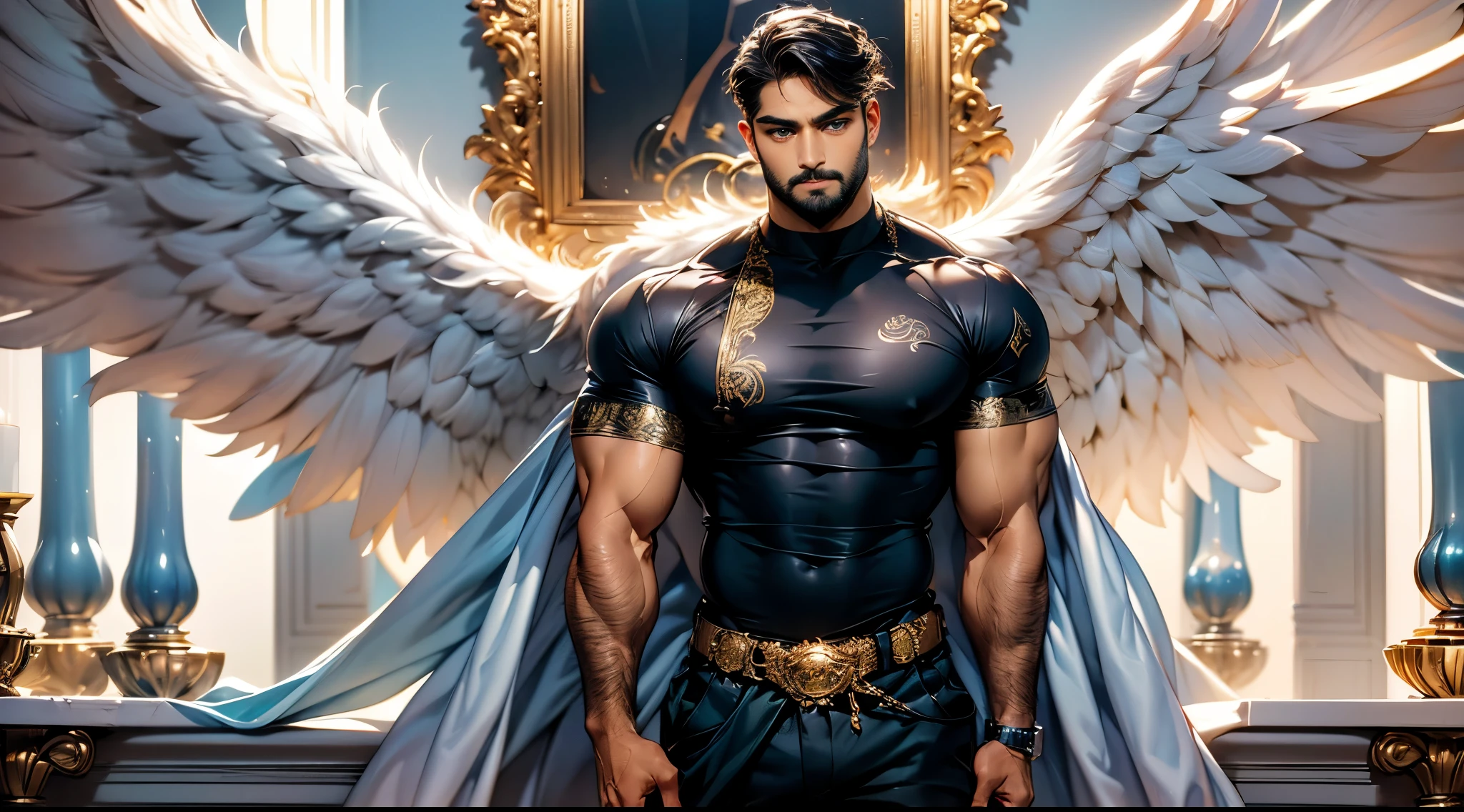 Daegan Tronos Character(1), no more characters, handsome, detailed face, dark skin, dark-tanned, perfect wings angel, symmetrical wings,blue eyes(color),small beard, medium haircut, casual clothes, tattooed arms, champion stance(body), visual harmony, epic wallpaper.