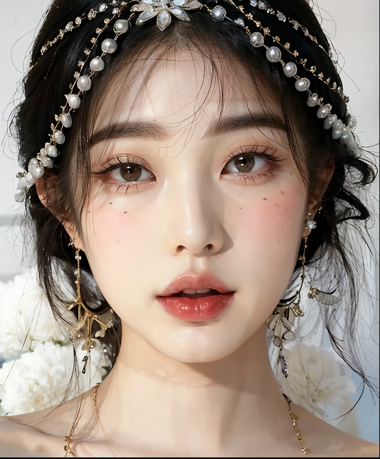 una mujer con una diadema de perlas y aretes en la cabeza, Beautiful aesthetic face, Hermosa joven coreana, porcelain pale skin, Hermosa mujer surcoreana, pale porcelain white skin, Hermosa joven coreana, Joven y adorable rostro coreano, maquillaje popular de Corea del Sur, Cara delicada y encantadora, Jinyoung Shin, pale snow white skin, ivory pale skin, hermoso rostro delicado, beautiful pale makeup