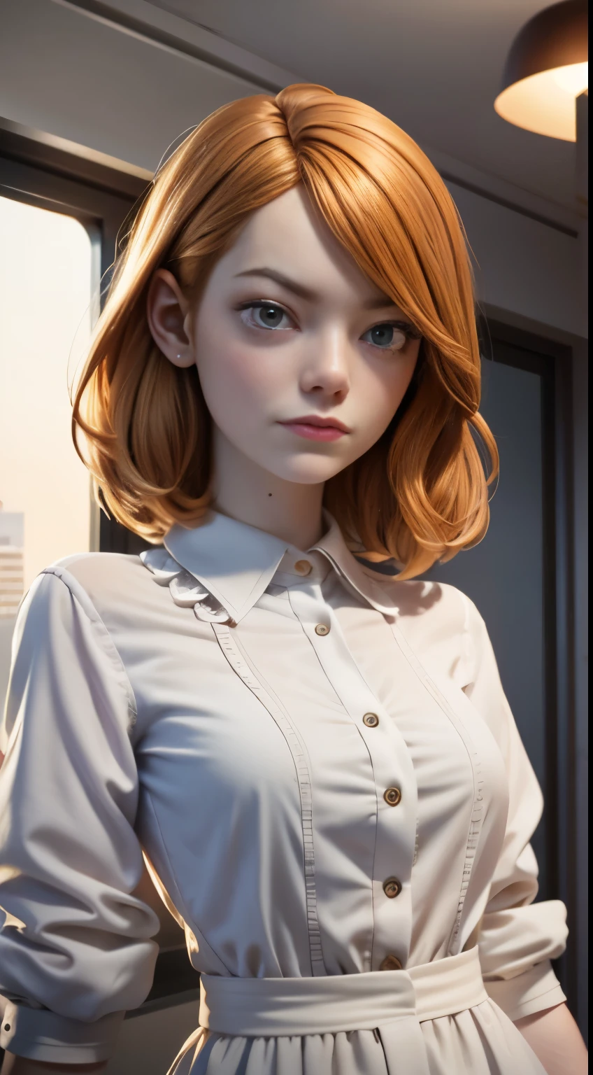 photo of Emma Stone, RAW, beautiful woman, ((portrait)), ((detailed face:1.2)), ((detailed facial feature, detailed skin, clear skin), (perfect proportioned body), (wearing a shirt dress) (high detailed city environment, apartment balcony), (realistic photo, best quality, detailed), (8k wallpaper), (cinematic lighting, dramatic lighting) (sharp focus, intricate)