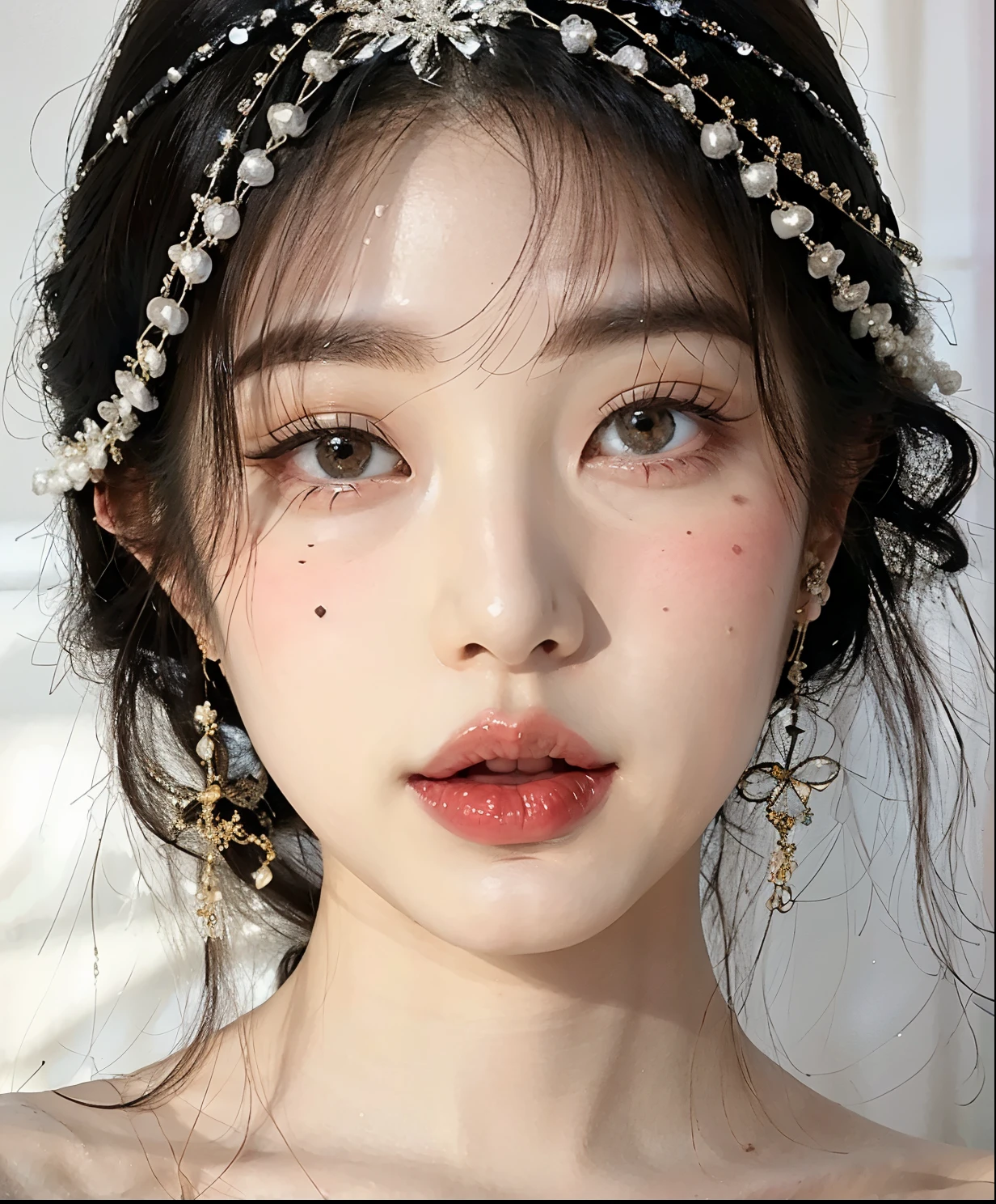 una mujer con una diadema de perlas y aretes en la cabeza, Beautiful aesthetic face, Hermosa joven coreana, porcelain pale skin, Hermosa mujer surcoreana, pale porcelain white skin, Hermosa joven coreana, Joven y adorable rostro coreano, maquillaje popular de Corea del Sur, Cara delicada y encantadora, Jinyoung Shin, pale snow white skin, ivory pale skin, hermoso rostro delicado, beautiful pale makeup