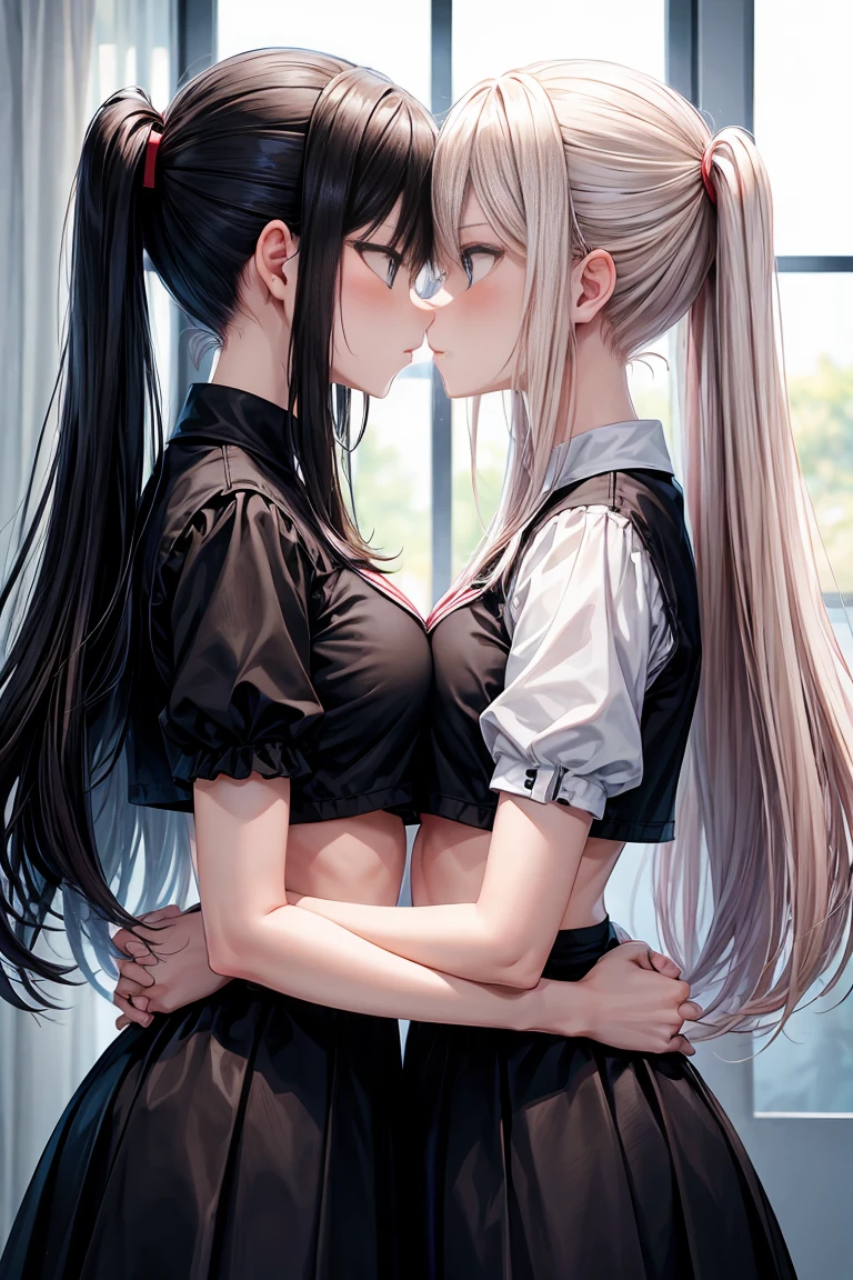 Two  girls，angry look，equivalent height，In the classroom，black and blonde hair，Facing each other and staring，hug each other，The two bodies are close to each other，kiss、Picture of two people、Holding hands and facing each other、Photograph of two people facing each other、Push each other、Stick your boobs and boobs together、Tight Skirt、Topless、big breasts、Pretty big