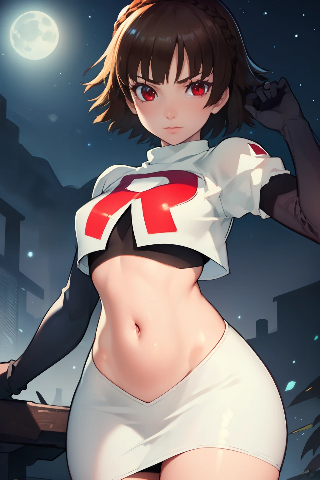 makoto nijima, blunt bangs, braid, brown hair, crown braid, (red eyes:1.3), short hair, team rocket uniform, red letter R, white skirt,white crop top,black thigh-high boots, black elbow gloves, looking at viewer, cowboy shot, sexy pose, night sky background