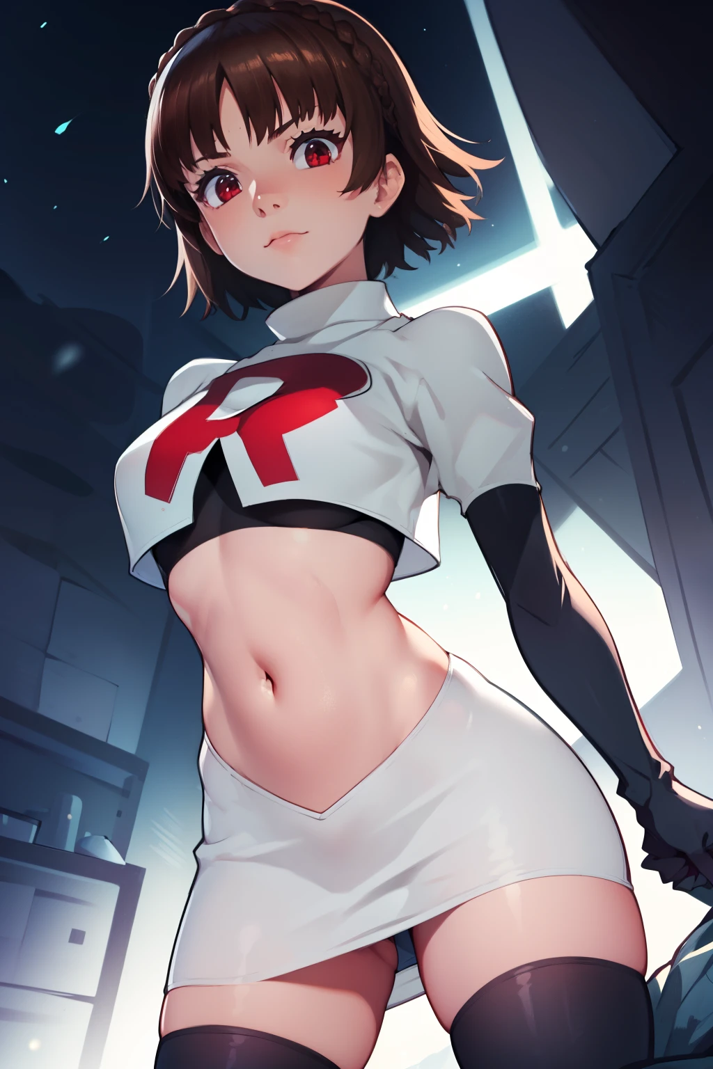 makoto nijima, blunt bangs, braid, brown hair, crown braid, (red eyes:1.3), short hair, team rocket uniform, red letter R, white skirt,white crop top,black thigh-high boots, black elbow gloves, looking at viewer, cowboy shot, sexy pose, night sky background