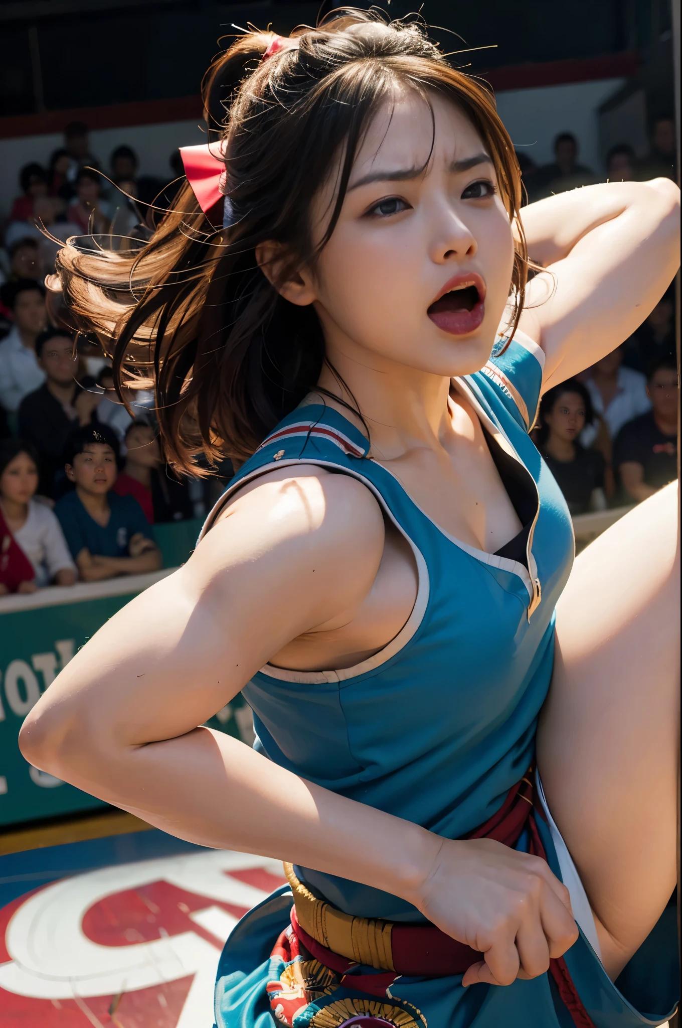 8k, best quality, highres, realistic, real person, A dynamic scene in which a beautiful female sumo wrestler strikes a powerful pose and screams violently. Her face contorts into a furious scream, her eyes wide and her mouth open, oozing her raw energy and passion. Her muscular body is tense and ready for battle, highlighting her wrestler's strength and vitality. A traditional sumo ring in the background adds to the authenticity of the scene, and the wrestlers' traditional sumo costumes complete the powerful image.