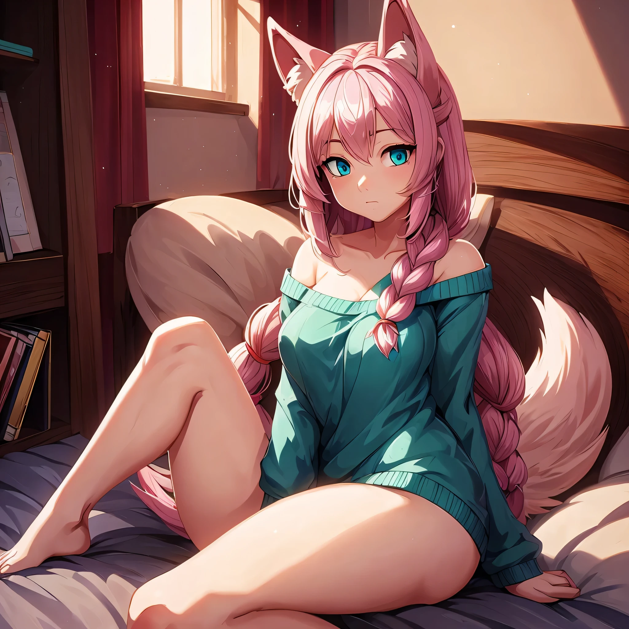 (Masterpiece) (High Detail) (High Res) A close up of a short petite humanoid girl with pale human skin and bright turquoise-coloured eyes and long pink hair in a braid and large fluffy pink dog ears and a big fluffy pink dog tail and average breasts. She is alone in her bedroom. Pink hair. She is wearing an oversized sweater.
