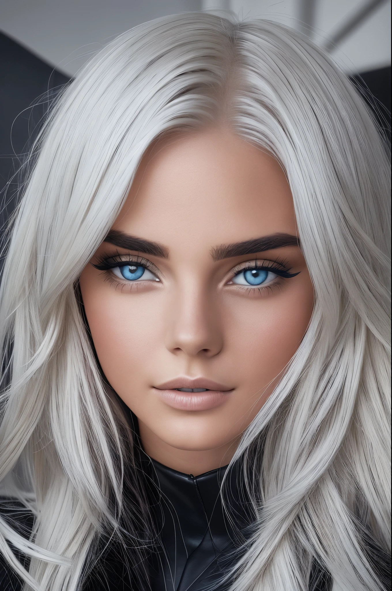 The image shows a close-up of a beautiful young woman with long, platinum blonde hair. She has blue eyes and is wearing a black leather jacket with silver hardware. Her eyes are looking directly at the camera, giving her a captivating and mysterious appearance. Full lips, beauty make up, portrait photography, fashion, photo --auto --s2