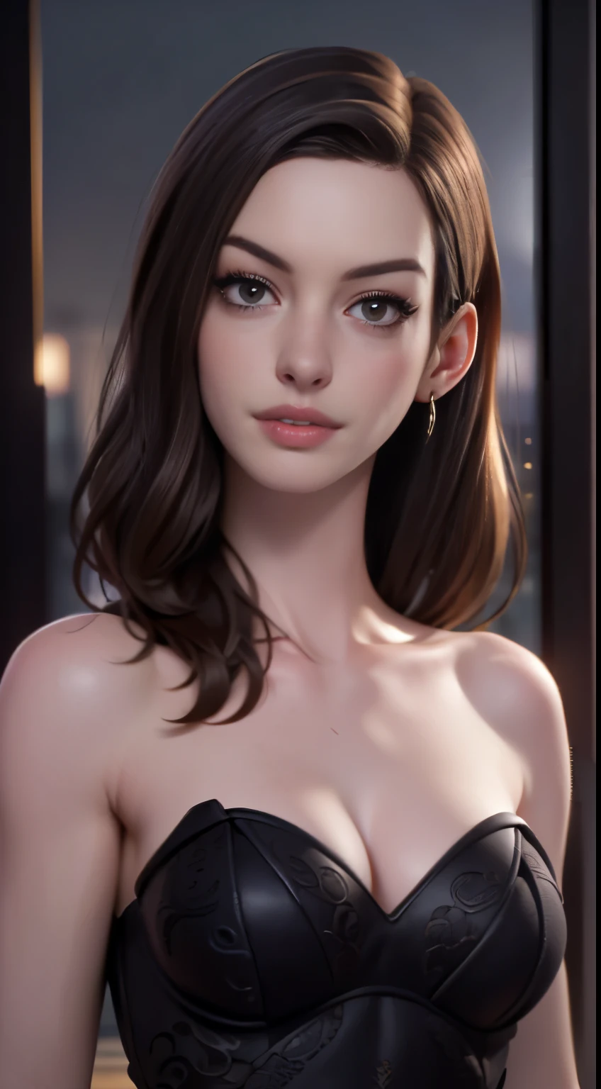 photo of Anne Hathaway, RAW, beautiful woman, ((portrait)), ((detailed face:1.2)), ((detailed facial feature, detailed skin, clear skin), (perfect proportioned body), (wearing a strapless dress) (high detailed city environment, apartment balcony), (realistic photo, best quality, detailed), (8k wallpaper), (cinematic lighting, dramatic lighting) (sharp focus, intricate)