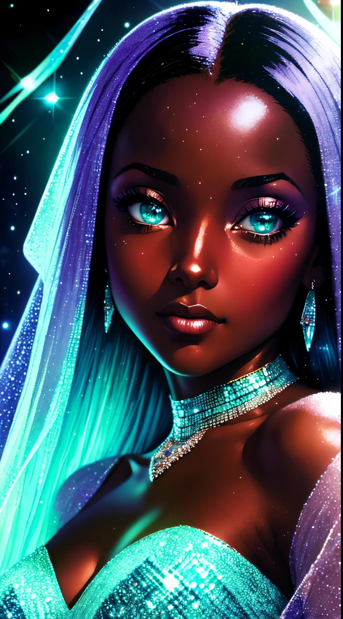 Impressionism drawing of a 25 year-old glamorous black Sudanesequeen with dark skin, soft hair, wearing a sheer gossamer couture crystal colored dress with a jeweled corset, sparkling eyes, she’s holding a colorful crystal that is prismatic, she is surrounded by a cavern of small hanging crystals blurred in the background, depth of field, shimmering, cinematic, photorealistic facial features, dark pastel iridescent colors, mystical surrealism, crystalcore, fujifilm superia --ar 2:3 .0, manga art style, bokeh, by norman rockwell --v 6
