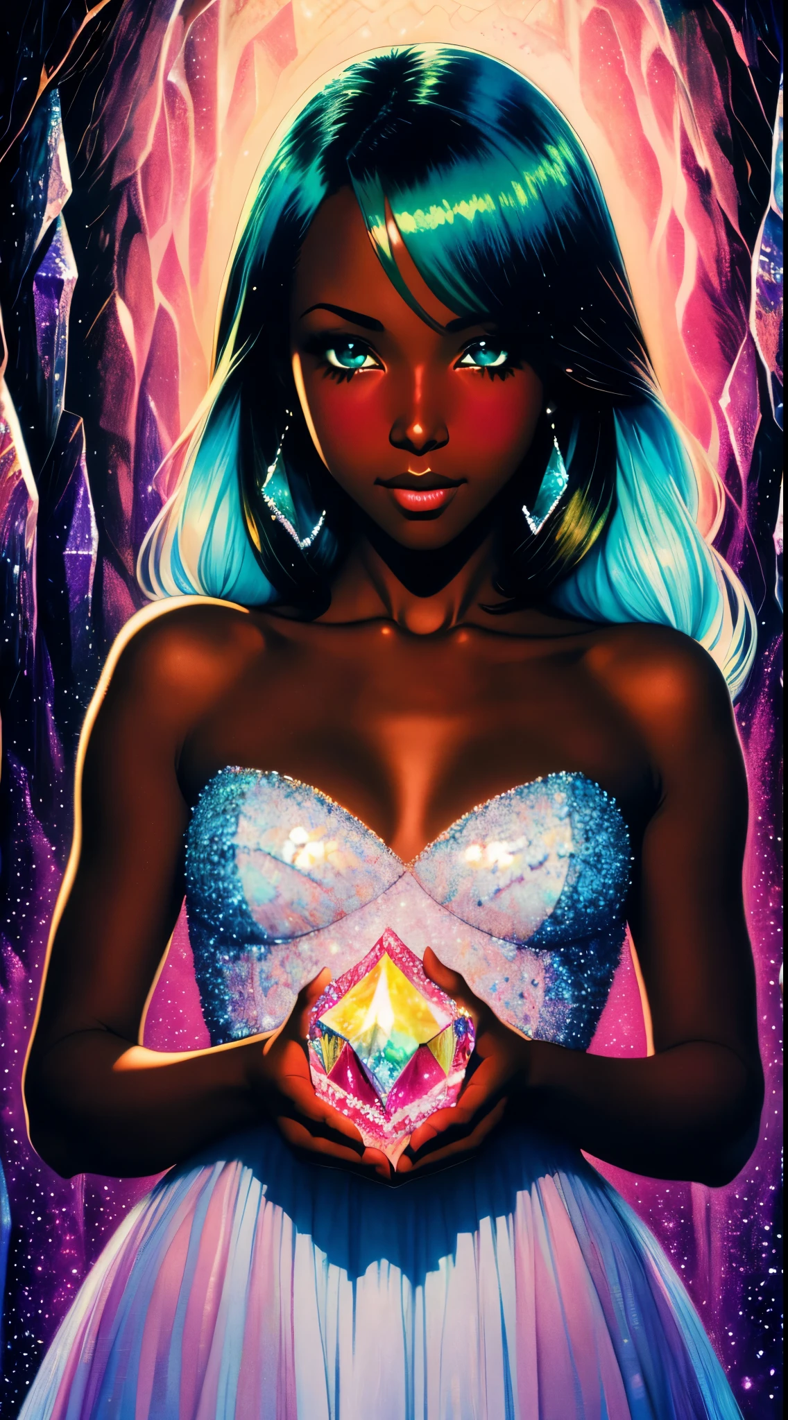 Impressionism drawing of a 25 year-old glamorous black Sudanesequeen with dark skin, soft hair, wearing a sheer gossamer couture crystal colored dress with a jeweled corset, sparkling eyes, she’s holding a colorful crystal that is prismatic, she is surrounded by a cavern of small hanging crystals blurred in the background, depth of field, shimmering, cinematic, photorealistic facial features, dark pastel iridescent colors, mystical surrealism, crystalcore, fujifilm superia --ar 2:3 .0, manga art style, bokeh, by norman rockwell --v 6