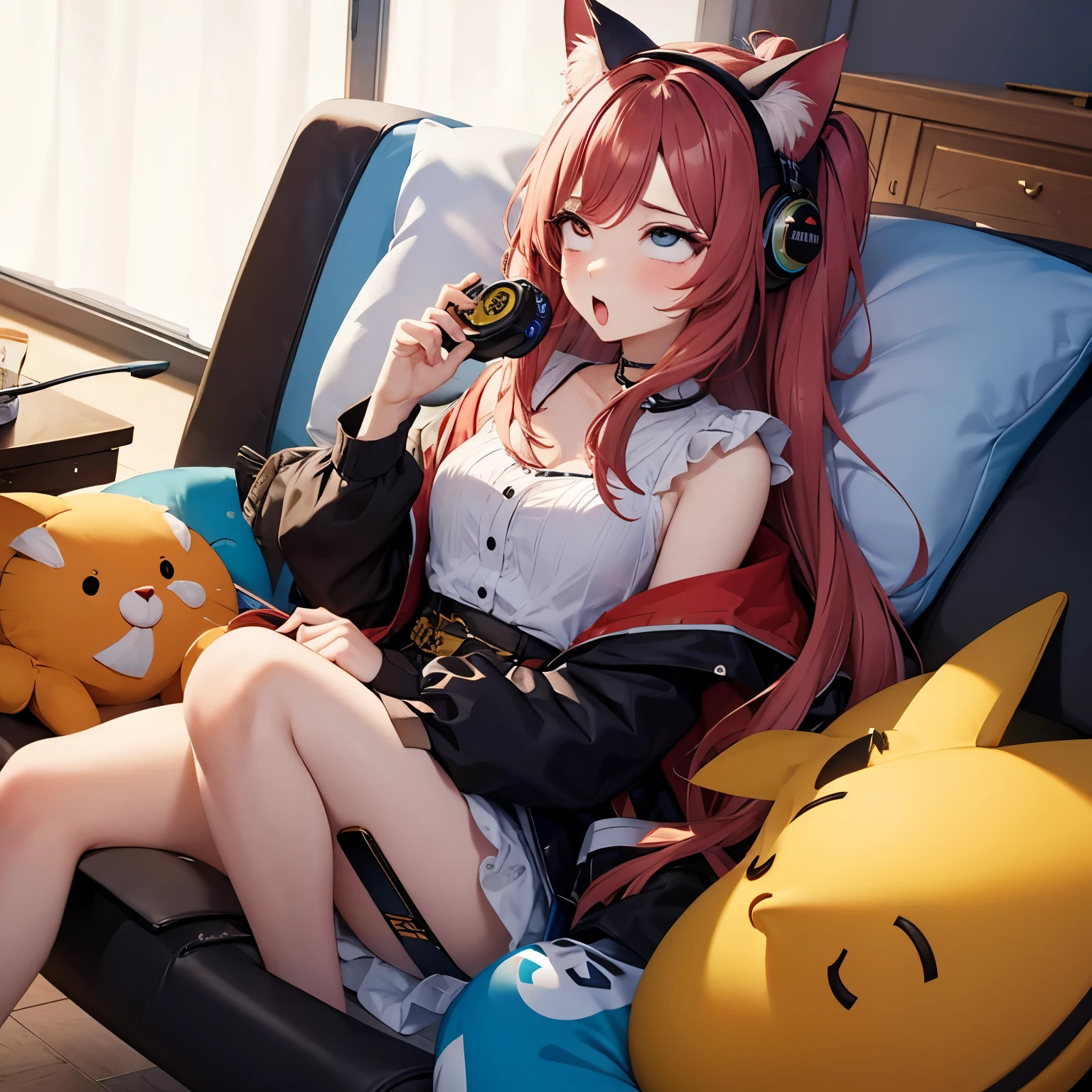 Super cute POC anime girl with shoulder length red hair wearing cat headphones while holding a gaming controller