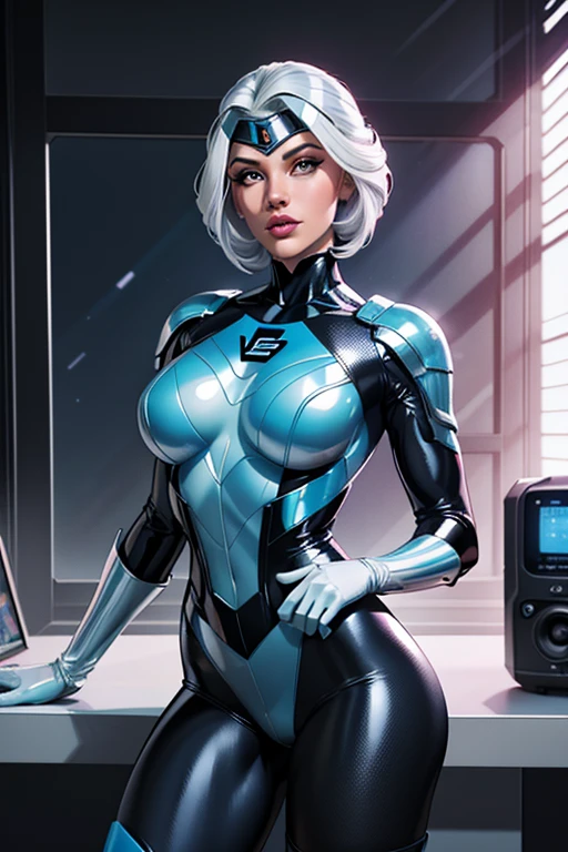 (best quality,8k:1.2,high resolution:1.2),ultra-detalhado,Realistic,vintage science fiction female superhero,retro futurism,cabelos vermelhos s,belos olhos detalhados,beautiful detailed lips,olhos e rosto extremamente detalhados,long eyelashes,Collant de nylon azul transparente,Apertado,transparent pantyhose,metalic gloves, Glossy plastic accessories,fundo branco neutro,profissional,vivid colors,Physically-based rendering,foco nítido,studio lighting,artistas conceituais