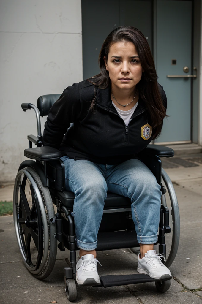 35 year old female retired security guard in a wheelchair with no legs, she is very unhappy