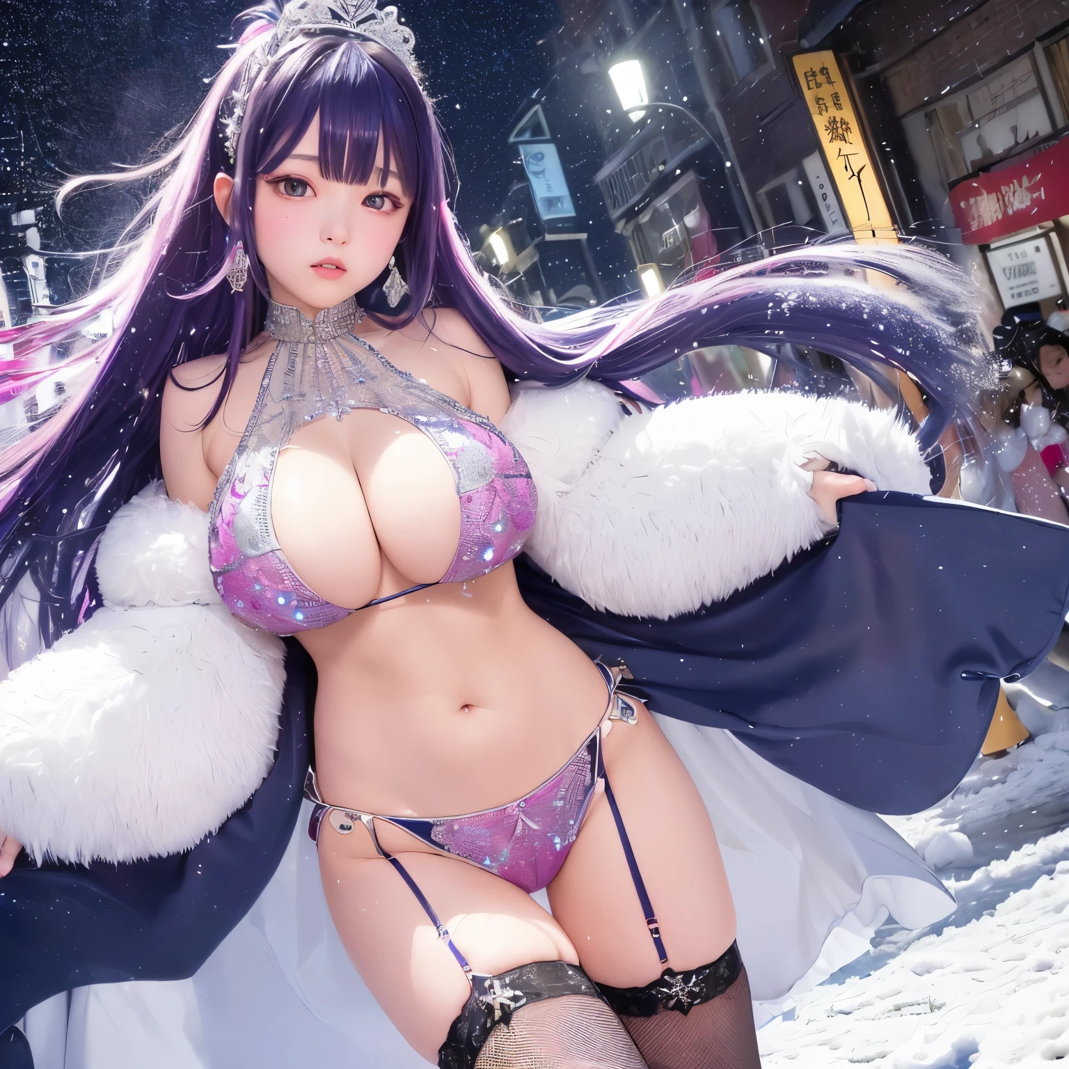 The upper part of the body、one girls、I have dark blue hair color、Two-tone、(Pink Highlight Hair、Bun hair、jewel design tiara、jewel design tiary、ultra gigantic tits、jewel design bikini、off shoulders、Coat with fur、Sparkling jewel lace decoration on the body、Countless glowing spheres float、Heavy snow falls、In the street、Looking at the camera、Pants with jewelry design、jewelry design garter belt、fishnet tights、red blush、white powder flies in the air、snow blowingが降っています、snow blowing、Sparkling snowflakes fall、雪が積もっているIn the street、Big snowman、