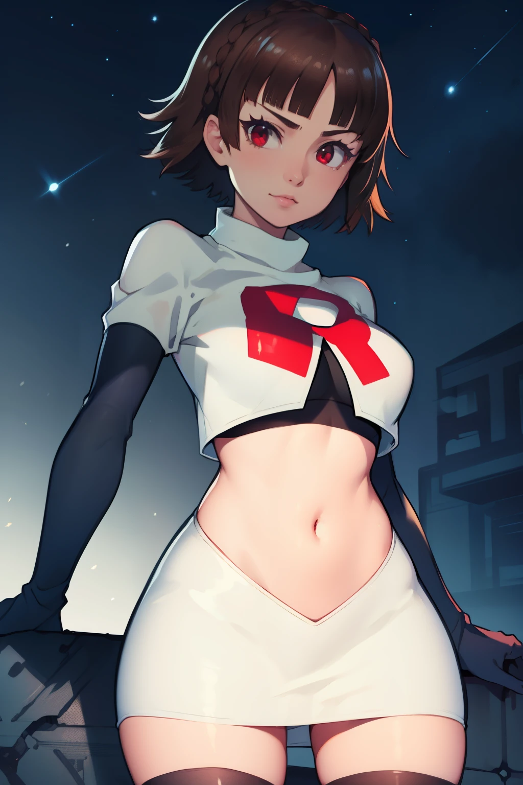 makoto nijima, blunt bangs, braid, brown hair, crown braid, (red eyes:1.3), short hair, team rocket uniform, red letter R, white skirt,white crop top,black thigh-high boots, black elbow gloves, looking at viewer, cowboy shot, sexy pose, night sky background