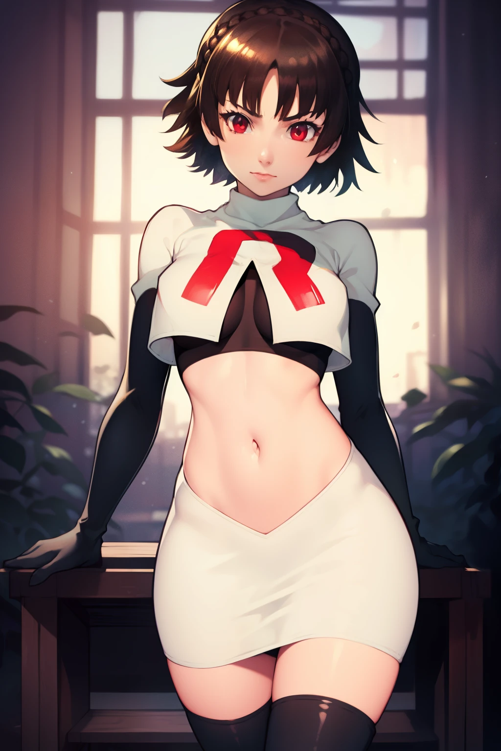 makoto nijima, blunt bangs, braid, brown hair, crown braid, (red eyes:1.3), short hair, team rocket uniform, red letter R, white skirt,white crop top,black thigh-high boots, black elbow gloves, looking at viewer, cowboy shot, sexy pose, night sky background