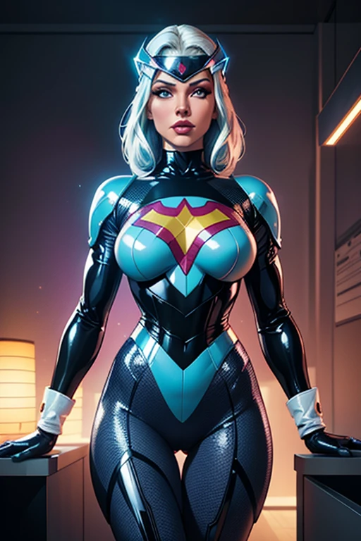 (best quality,8k:1.2,high resolution:1.2),ultra-detalhado,Realistic,vintage science fiction female superhero,retro futurism,cabelos vermelhos s,belos olhos detalhados,beautiful detailed lips,olhos e rosto extremamente detalhados,long eyelashes,Collant de nylon azul transparente,Apertado,transparent pantyhose,metalic gloves, Glossy plastic accessories,fundo neutro,profissional,vivid colors,Physically-based rendering,foco nítido,studio lighting,artistas conceituais