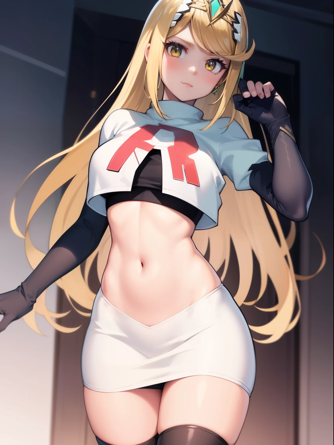 mythra \(xenoblade\), blond hair, yellow eyes, team rocket uniform, red letter R, white skirt,white crop top,black thigh-high boots, black elbow gloves, looking at viewer, cowboy shot, sexy pose,