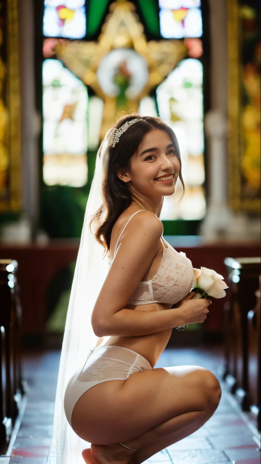 (masterpiece、high-level image quality、hightquality),prety woman,, Innocent, 18year old, ((slim)), ((flat absinassive biggest huge, 豊満なtits out:1.4), White skin, Black eyes, White transparent bride veil, weddingdress, (sideboob barbosa), (underboob), Golden choker, Holding a bouquet of roses, marriage ring, ((squat in the church)), Sheer panties, Looking at the camera, Smiling, having fun, Happy, tits out,gravure,