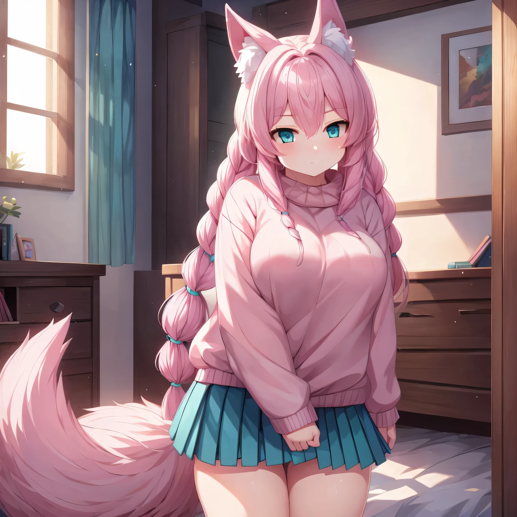 (Masterpiece) (High Detail) (High Res) A close up of a short petite humanoid girl with pale human skin and bright turquoise-coloured eyes and long pink hair in a braid and large fluffy pink dog ears and a big fluffy pink dog tail and average breasts. She is alone in her bedroom. Pink hair. She is wearing an oversized sweater and a black pleated skirt.