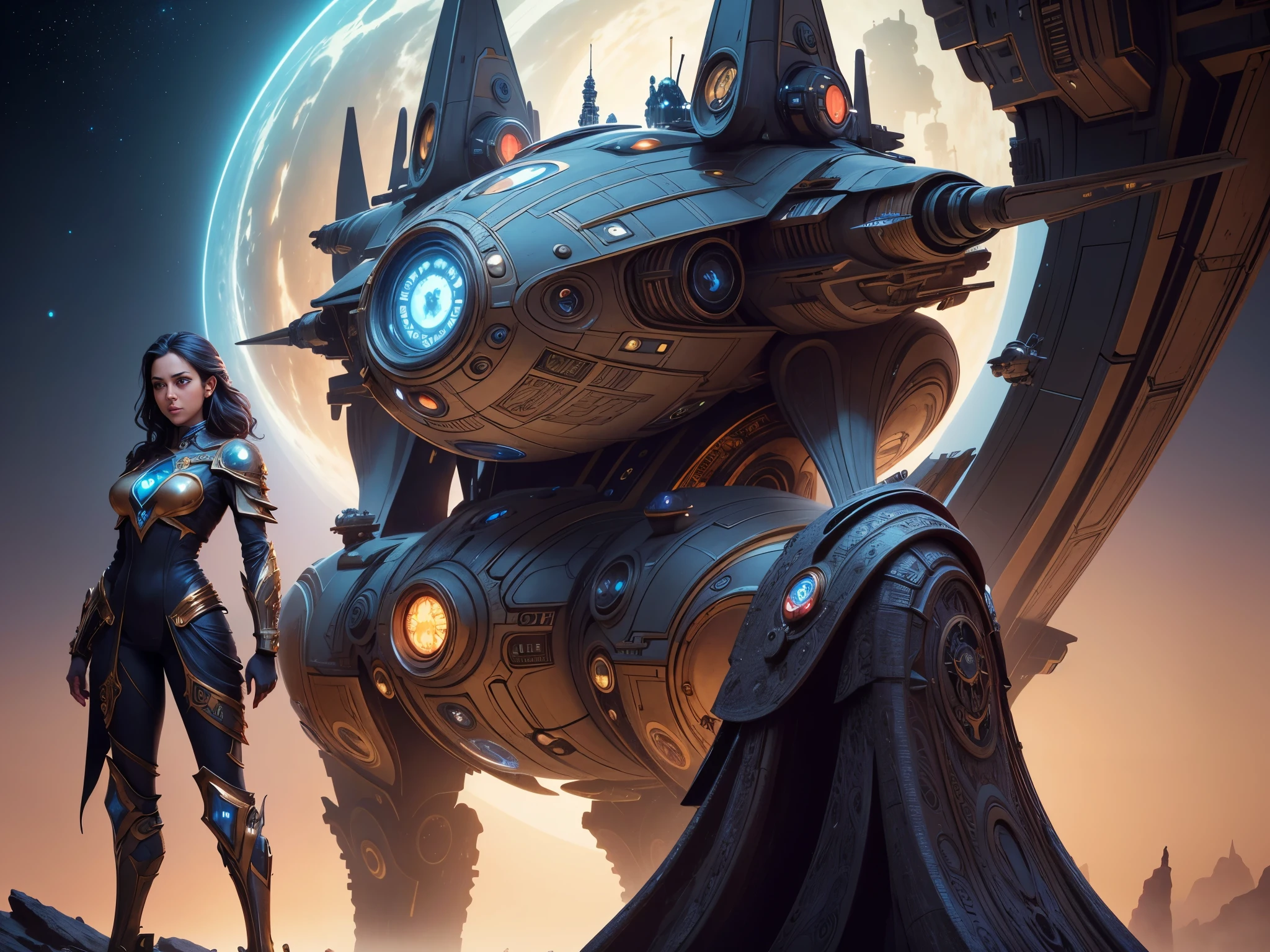 there is a woman standing in front of a clock with a spaceship in the background, sci-fi fantasy wallpaper, epic fantasy sci fi illustration, sci-fi fantasy art, epic scifi fantasy art, mystical sci-fi concept art, sci-fi high fantasy, sci-fi fantasy desktop wallpaper, by Johfra Bosschart, futuristic utopian fantasy, award winning scifi art