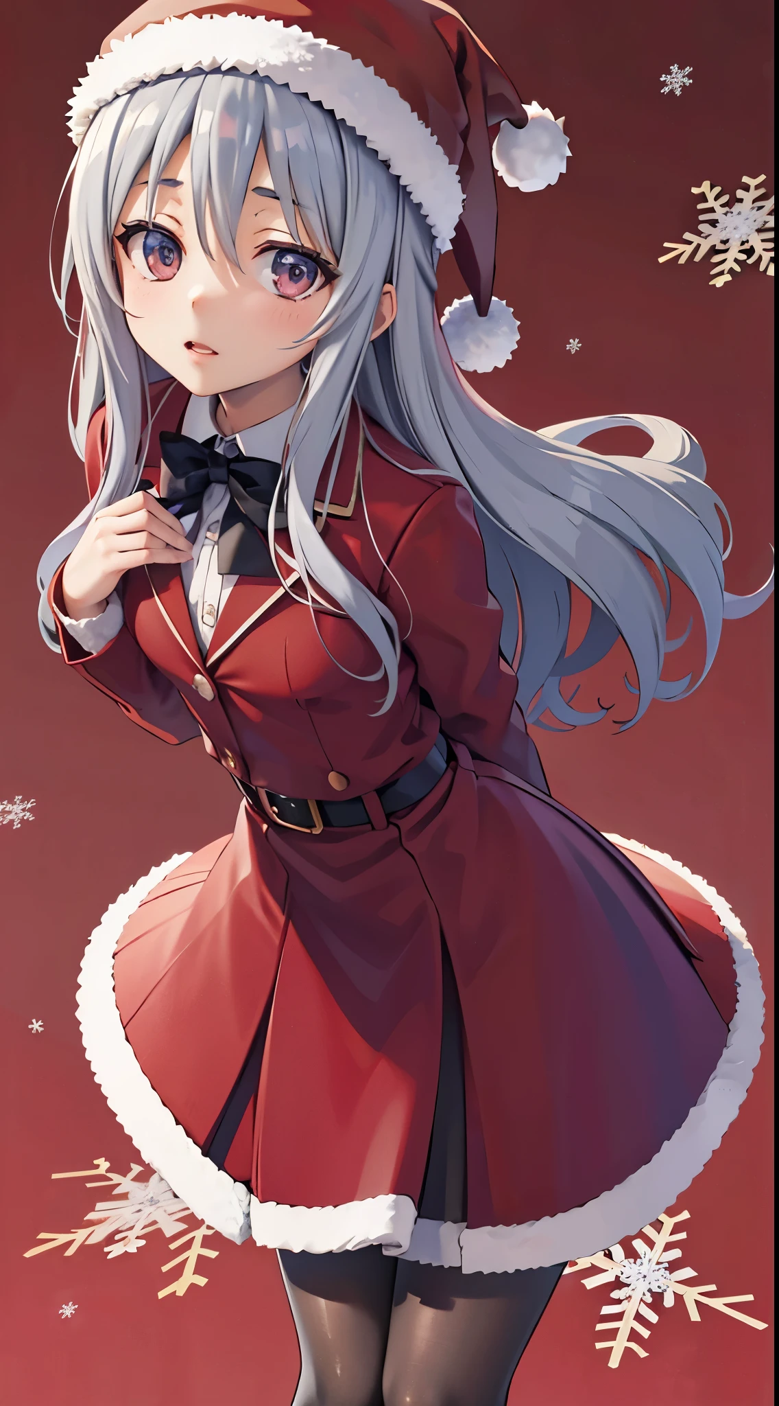 Shiina Hiyori, gray hair, masterpiece, amazing, 8k, detailed, 1girl, (from above), (gray tights), ((leans forward)), (stands), hands behind her back, ((looking up)), (red background), falling snowflakes, ((Christmas hat)), ((Christmas outfit))