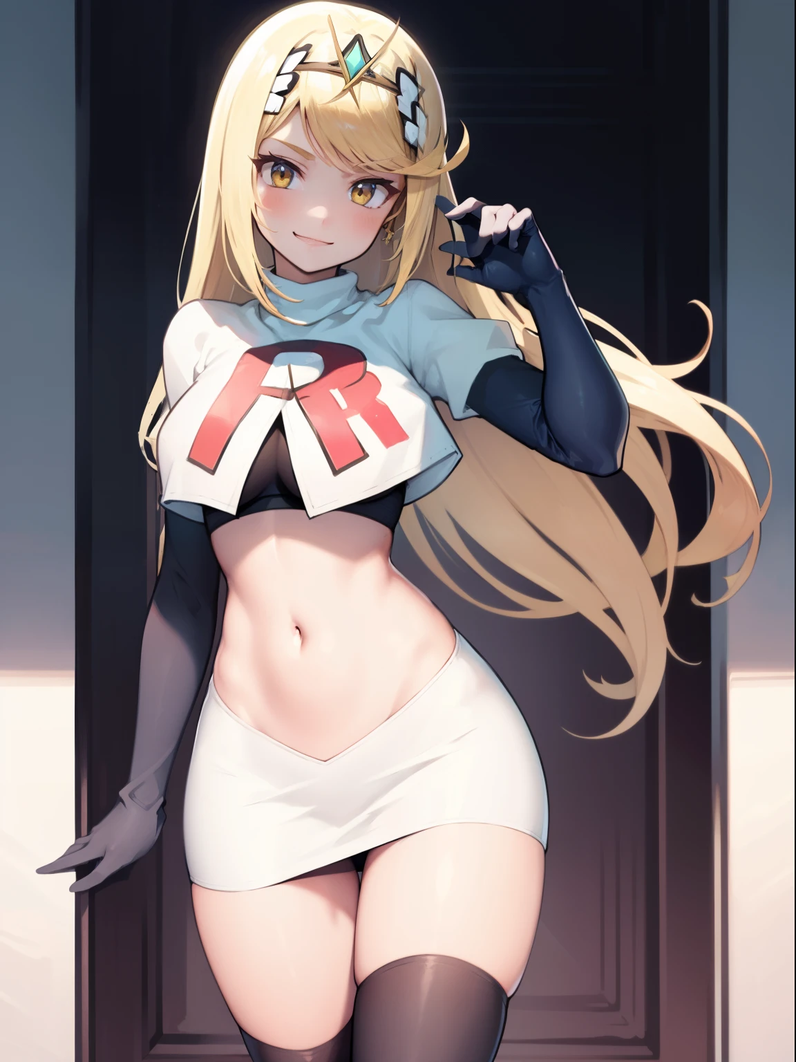 mythra \(xenoblade\), blond hair, yellow eyes, team rocket uniform, red letter R, white skirt,white crop top,black thigh-high boots, black elbow gloves, looking at viewer, cowboy shot, sexy pose, smile