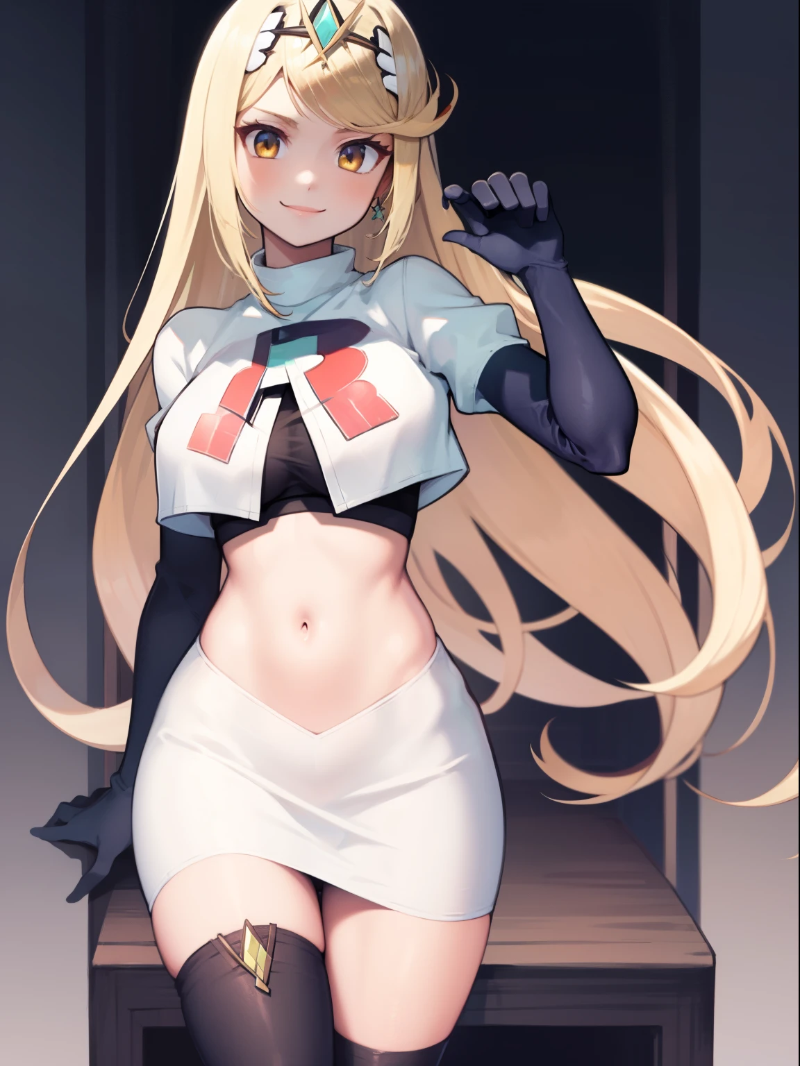 mythra \(xenoblade\), blond hair, yellow eyes, team rocket uniform, red letter R, white skirt,white crop top,black thigh-high boots, black elbow gloves, looking at viewer, cowboy shot, sexy pose, smile