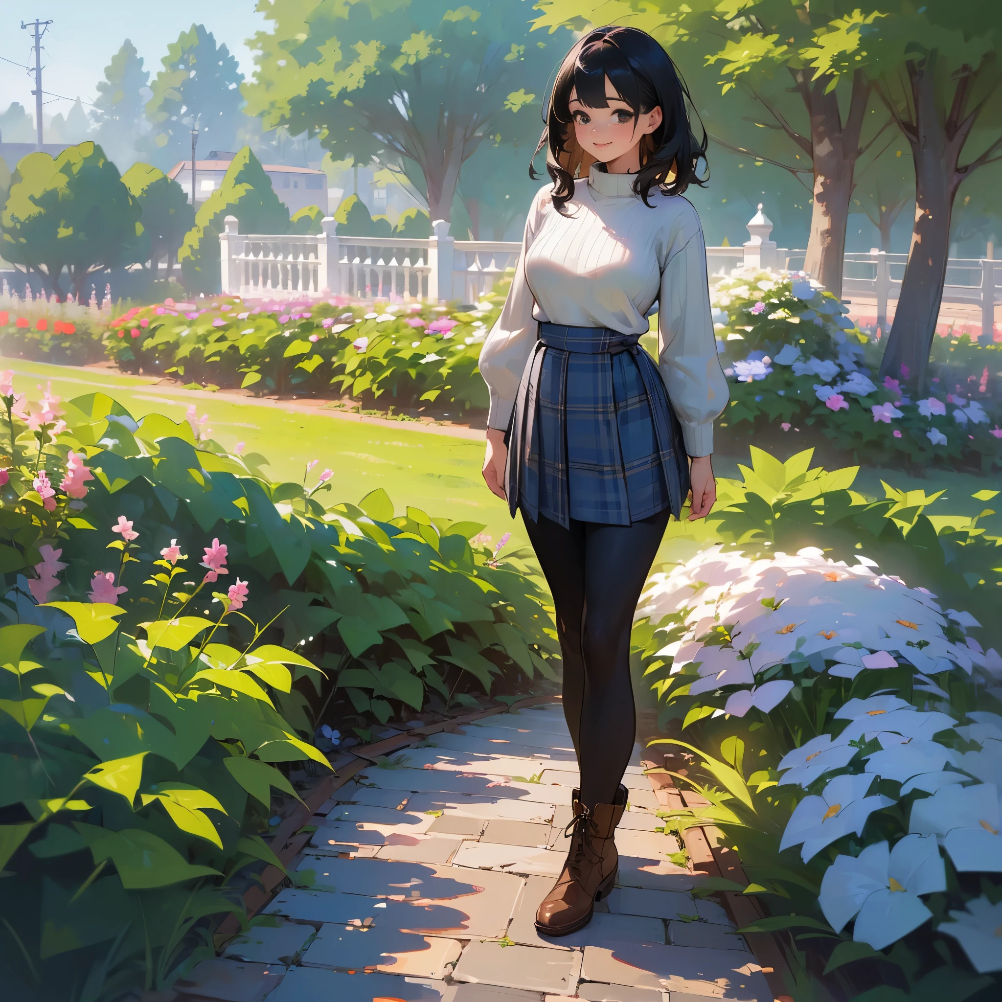(High quality, High resolution, Ultra-detailed, Realistic:1.37), peaceful ambiance, (plein air, garden), age girl standing alone, (My breasts are big.), Beautiful detailed features, Cute smile, (Black bob hair), Ribbed sweater, blue plaid skirt, Black tights, Brown boots.
