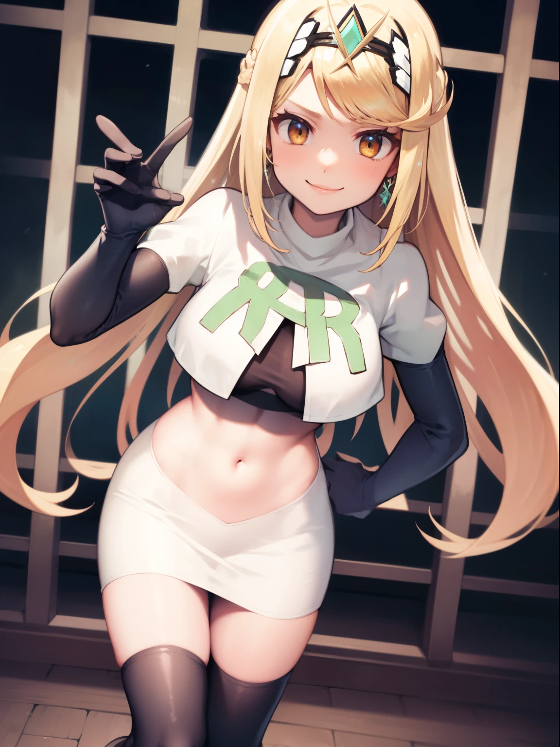 mythra \(xenoblade\), blond hair, yellow eyes, team rocket uniform, red letter R, white skirt,white crop top,black thigh-high boots, black elbow gloves, looking at viewer, cowboy shot, sexy pose, smile