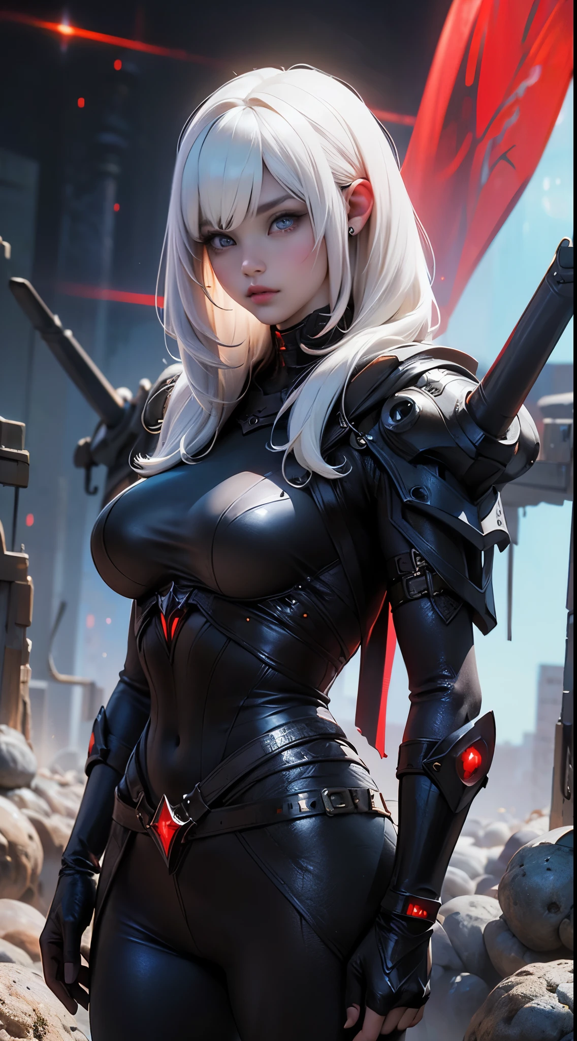 (La mejor calidad,A high resolution,Ultra - detallado,actual) ,primer plano Ariana Grande con pantalon de cuero rojo, top rojo, cabello largo white canoso,  (alien invasion background extraterrestrial ships:1.4), (hermosos ojos azuleondo piedras grandes negro:1.4) , (pose vaquero ), (realistic) ,Arte detallado de alta calidad 8K, Fanart Mejor ArtStation, Fantasy art style , (ciborg white red:1.4), (ciudad apocalyptic colors ciberpunk:1.4)