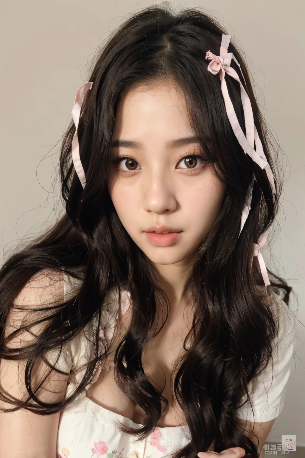un primer plano de una mujer con cabello largo y negro que lleva un lazo rosa, ulzzang, maquillaje popular de corea del sur, maquillaje coreano popular, joven y adorable rostro coreano, pale korean adorable face, cruel korean gothic girl, muchacha coreana, rasgos de la cara coreana, Retrato realista kawaii, con pelo largo y ojos penetrantes, ojos grandes y cabello largo y suelto, hermoso rostro estetico