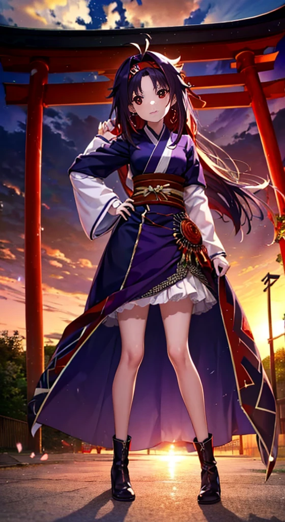 Yuki Konno, Yuki Konno, shairband, Long hair, pointy ear, Purple hair, (Red Eyes:1.5), (Small breasts:1.2), Ahoge，animal ear tail，tie the back hair in a circle，Floral hair ornament，purple furisode，White mini skirt，knee high socks，Short boots，Happy atmosphere，both hands on hip，closes mouth，I'm smiling，In front of the torii gate，shrines，Sunrise，The sun begins to rise，Upper body, Full body,
BREAK outdoors, 
BREAK (masutepiece:1.2), Best Quality, High resolution, Unity 8k壁纸, (Illustration:0.8), (Beautiful detailed eyes:1.6), extra detailed face, Perfect Lighting, extremely details CG, (Perfect hands, Perfect Anatomy),