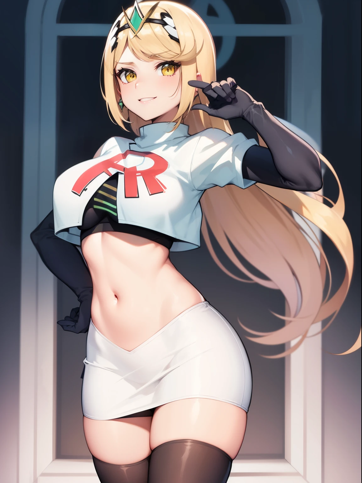 mythra \(xenoblade\), blond hair, yellow eyes, team rocket uniform, red letter R, white skirt,white crop top,black thigh-high boots, black elbow gloves, looking at viewer, cowboy shot, sexy pose, smile