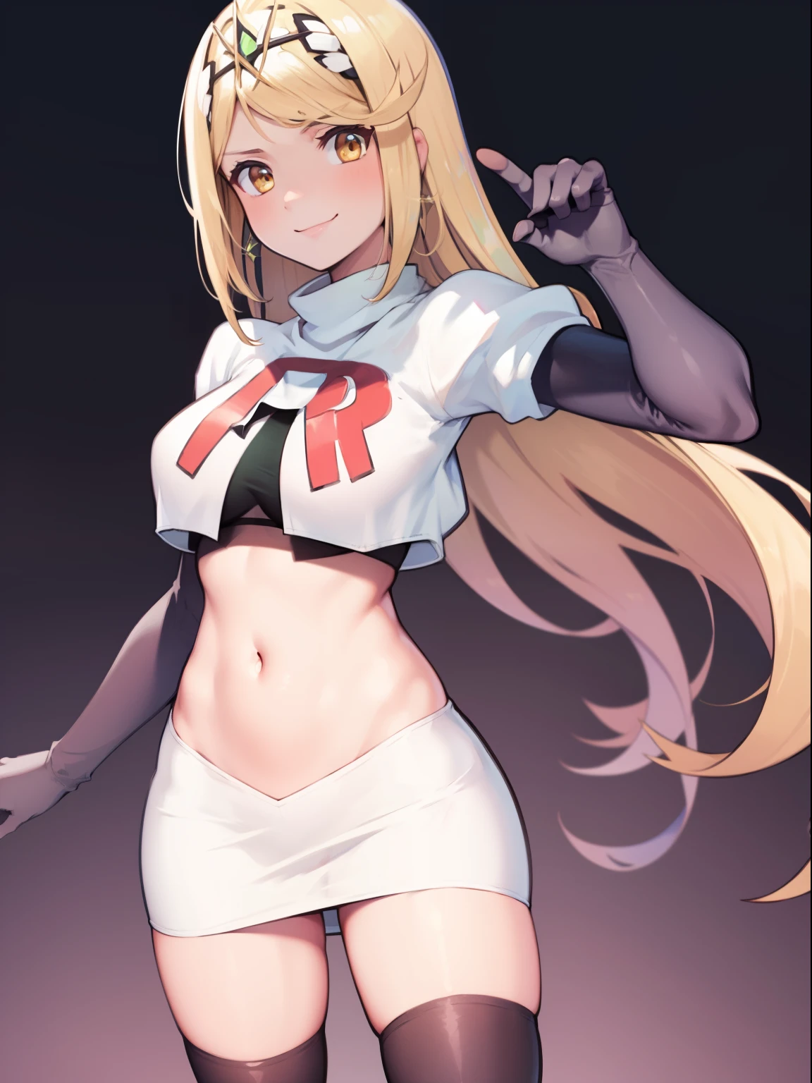 mythra \(xenoblade\), blond hair, yellow eyes, team rocket uniform, red letter R, white skirt,white crop top,black thigh-high boots, black elbow gloves, looking at viewer, cowboy shot, sexy pose, smile